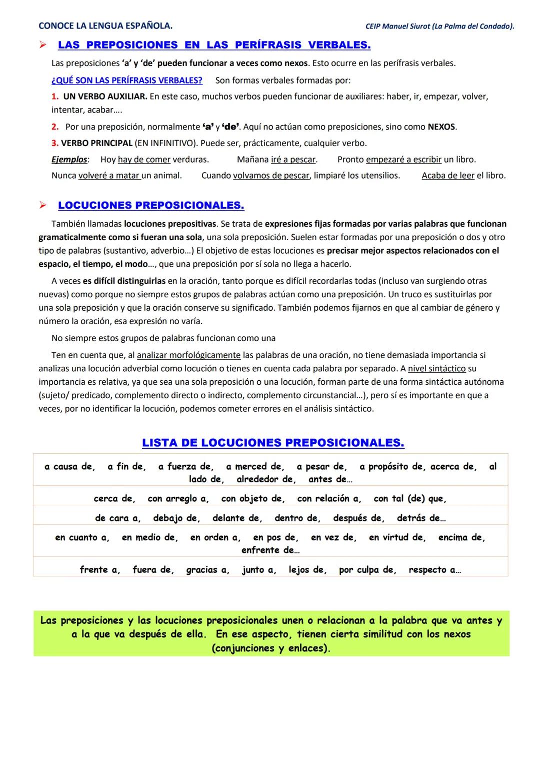 CONOCE LA LENGUA ESPAÑOLA.
CEIP Manuel Siurot (La Palma del Condado).
LAS PREPOSICIONES.
Las preposiciones son palabras invariables, o sea,