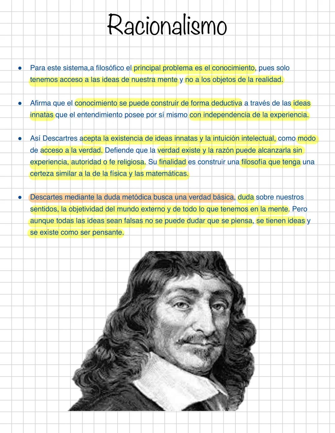 # Racionalismo
* Para este sistema, a filosófico el principal problema es el conocimiento, pues solo
tenemos acceso a las ideas de nu