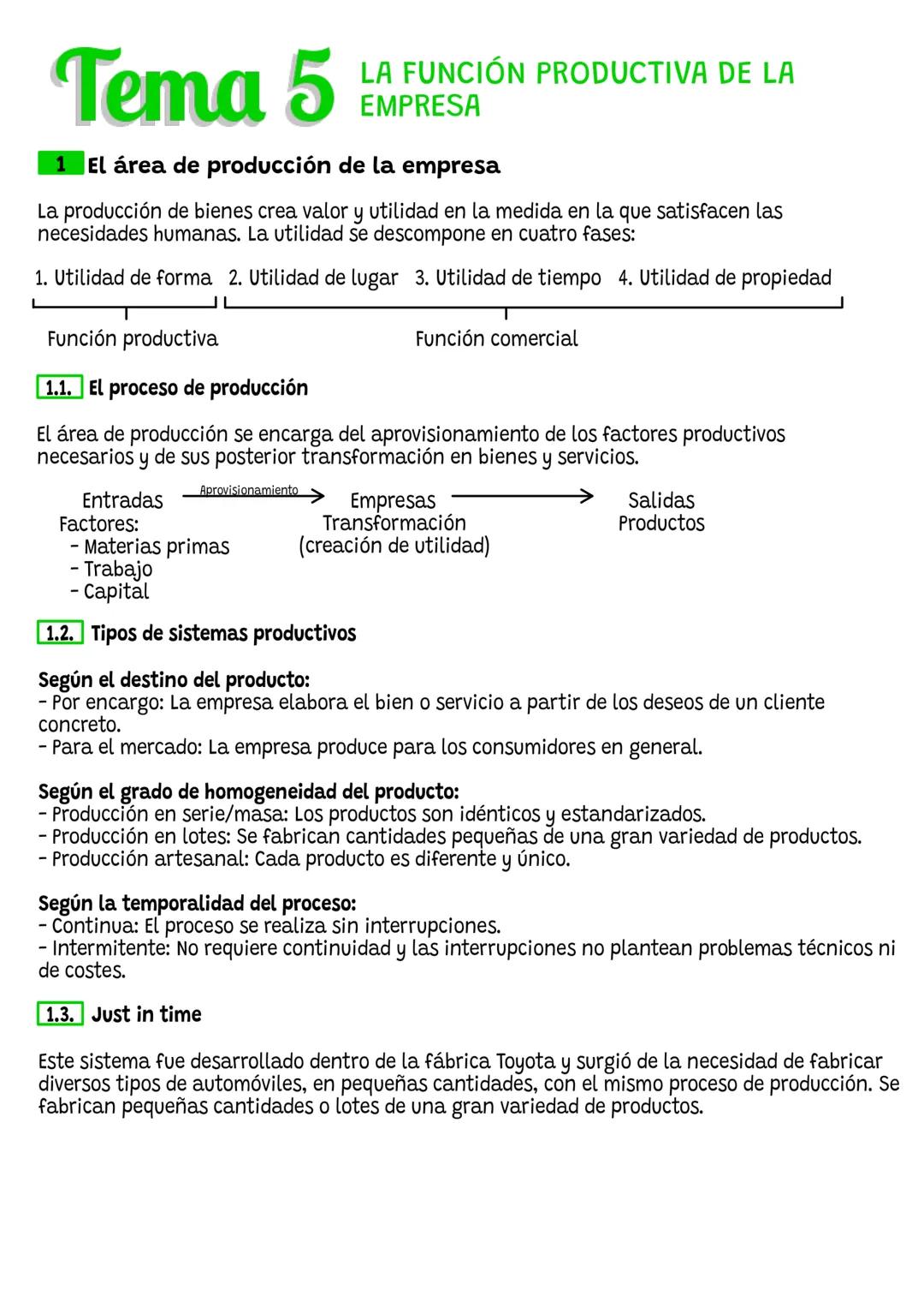 # Tema 5
LA FUNCIÓN PRODUCTIVA DE LA
EMPRESA
1 El área de producción de la empresa
La producción de bienes crea valor y utilidad en la med