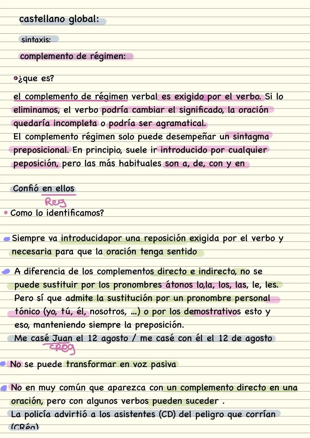 castellano global:
sintaxis:
complemento directo:
¿que es?
el complemento directo es aquello sobre lo que verbo ejerce su
acción, y sin este