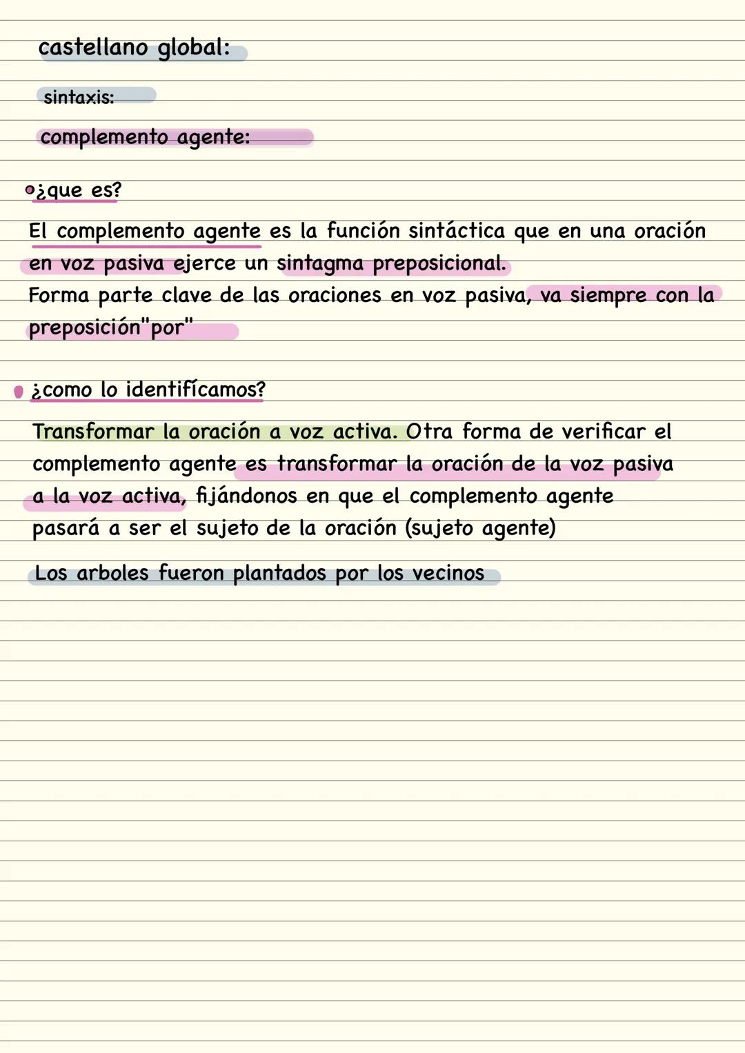 castellano global:
sintaxis:
complemento directo:
¿que es?
el complemento directo es aquello sobre lo que verbo ejerce su
acción, y sin este