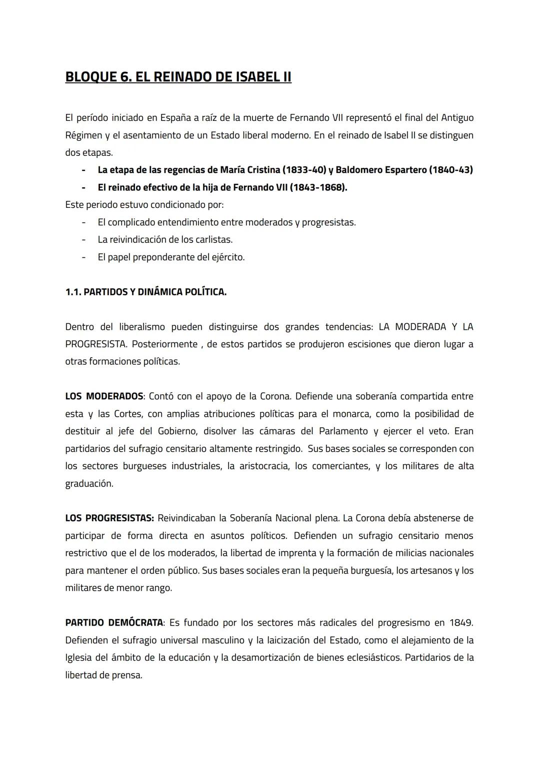 # BLOQUE 6. EL REINADO DE ISABEL II
El período iniciado en España a raíz de la muerte de Fernando VII representó el final del Antiguo
Régim