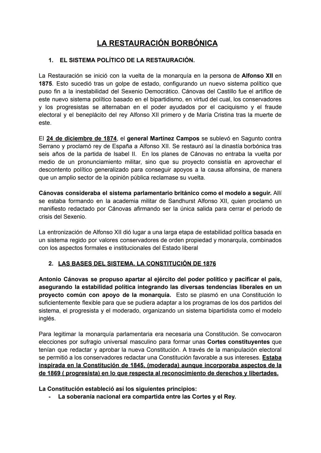 # LA RESTAURACIÓN BORBÓNICA
1. EL SISTEMA POLÍTICO DE LA RESTAURACIÓN.
La Restauración se inició con la vuelta de la monarquía en la perso