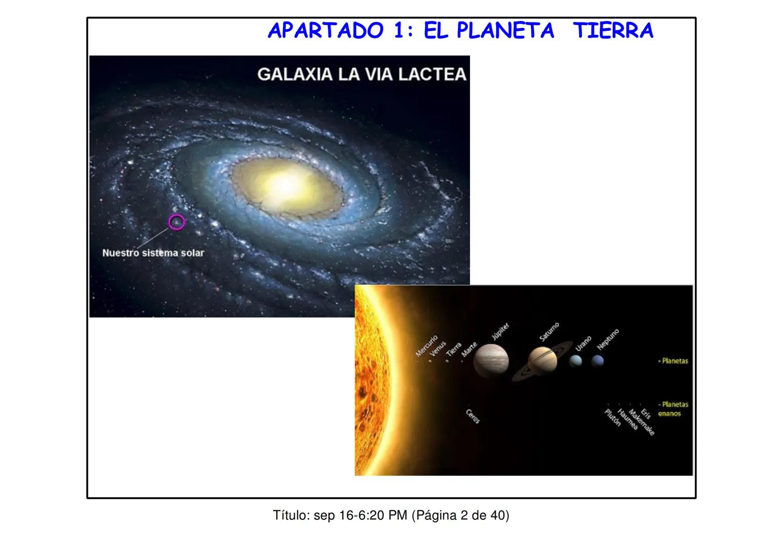 # UNIDAD 1: EL PLANETA TIERRA
Título: sep 16-6:17 PM (Página 1 de 40) APARTADO 1: EL PLANETA TIERRA
GALAXIA LA VIA LACTEA
Nuestro sistema