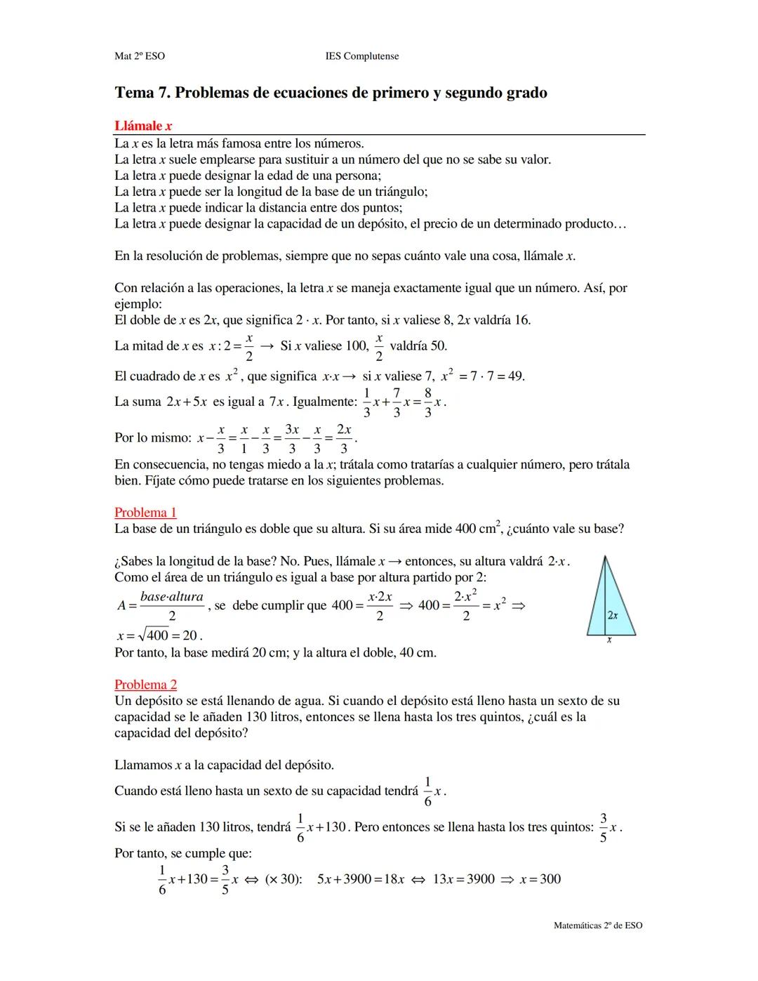 Problemas de ecuaciones de primer y segundo grado