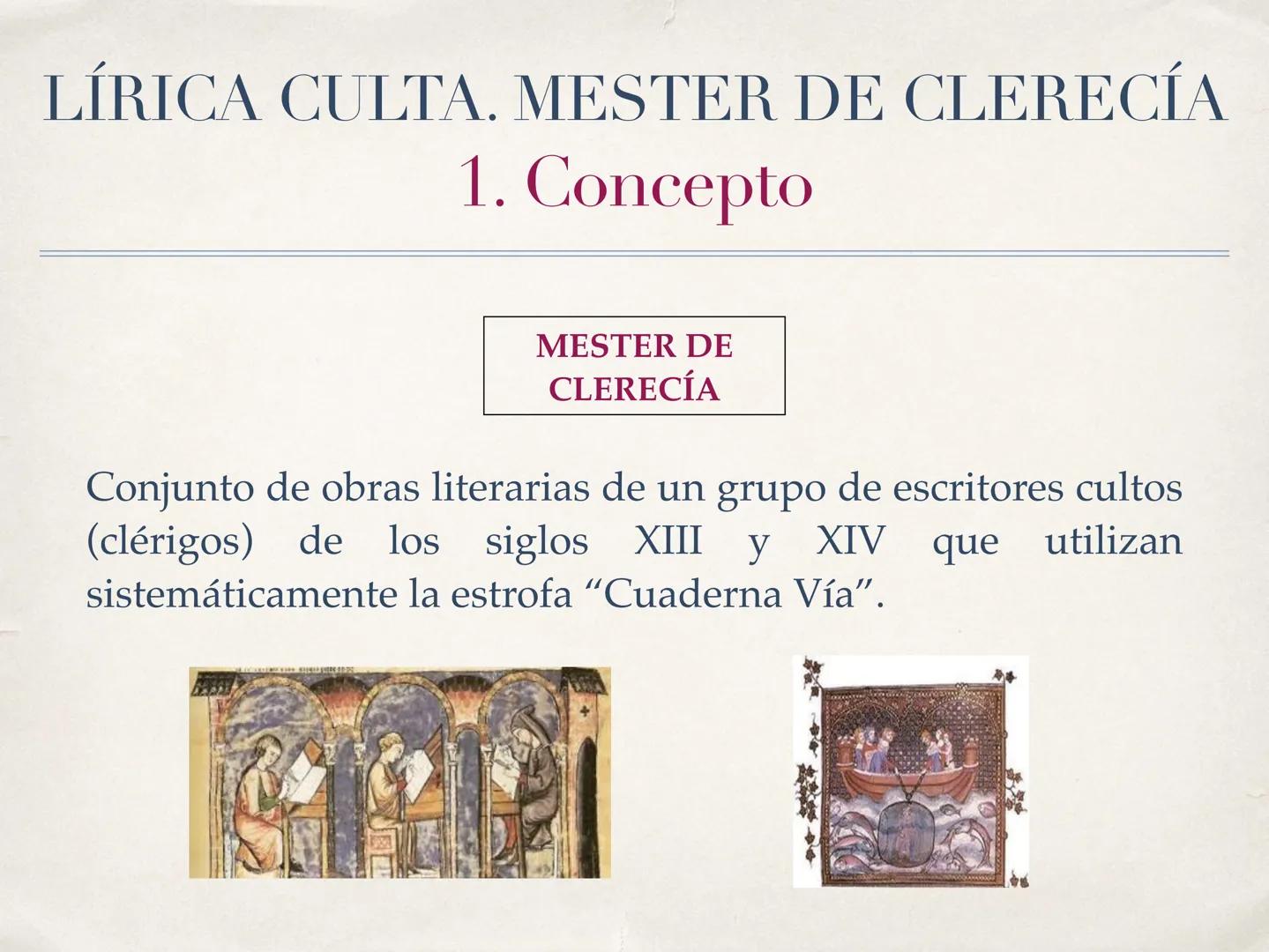 LITERATURA MEDIEVAL:
Lírica culta
MESTER DE CLERECÍA
(s. XIII-XIV)
1º BACHILLERATO
Marta Agramunt REPASANDO...
¿Qué era el Mester de Juglarí