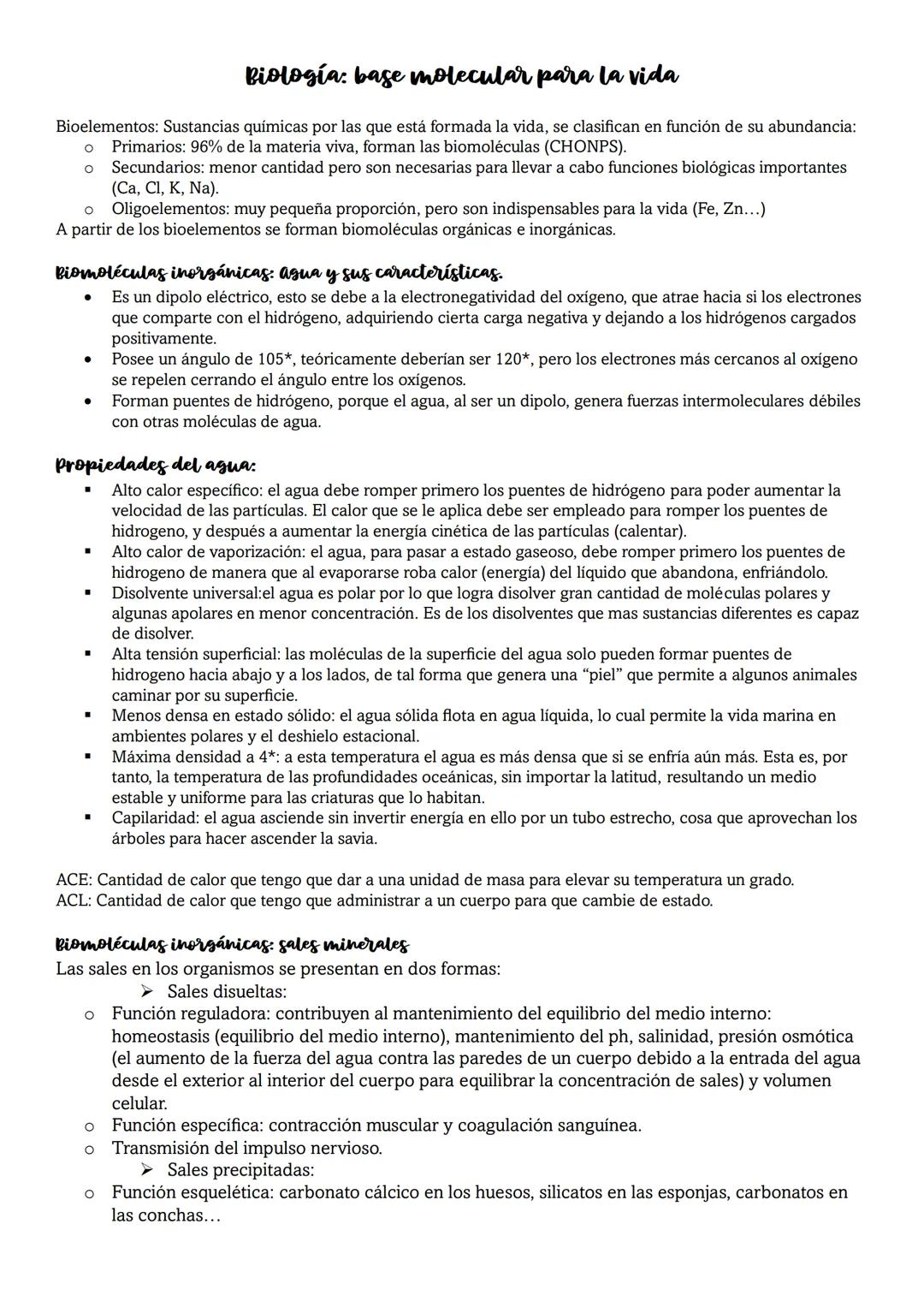 # Biología: base molecular para la vida
Bioelementos: Sustancias químicas por las que está formada la vida, se clasifican en función de su
