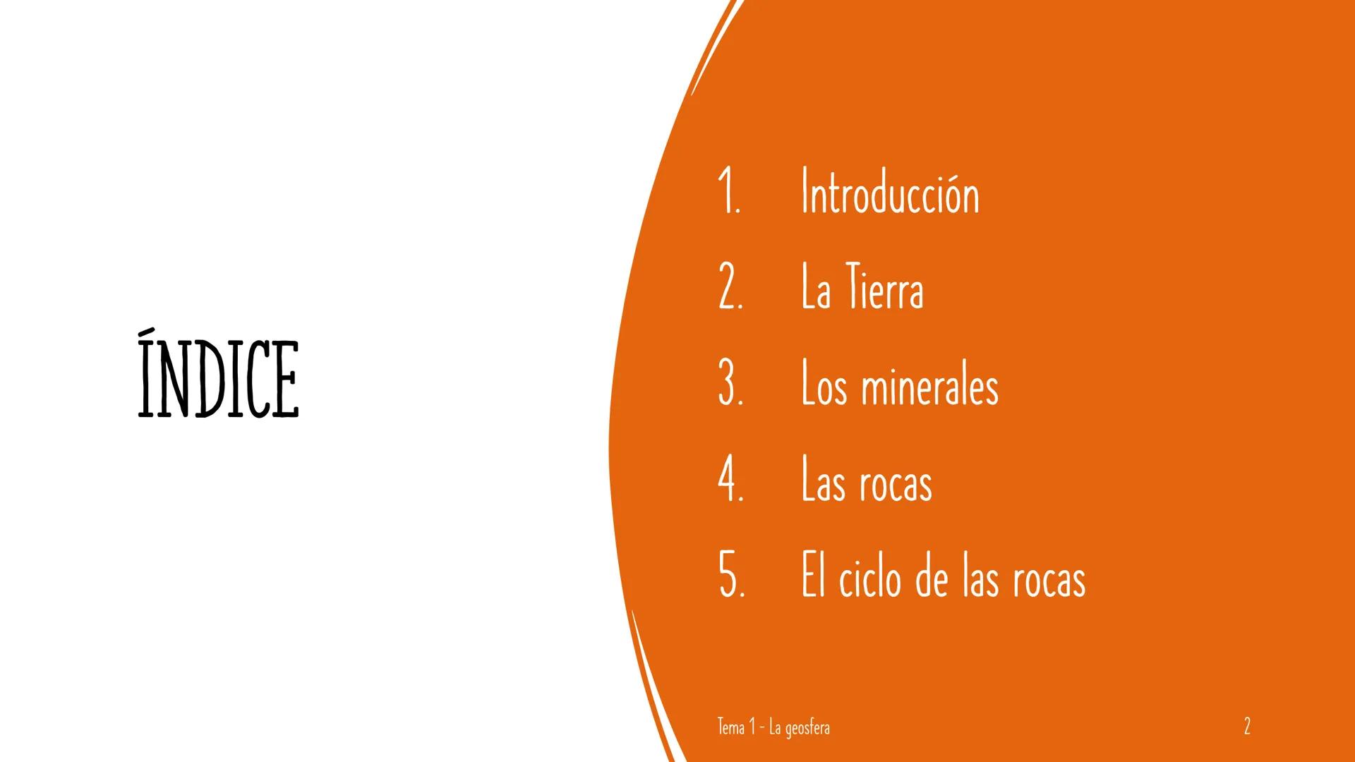 LA GEOSFERA
Tema 1 INDICE
1.
2.
Introducción
La Tierra
3.
4. Las rocas
5. El ciclo de las rocas
Los minerales
Tema 1- La geosfera
2 Hidro-
B