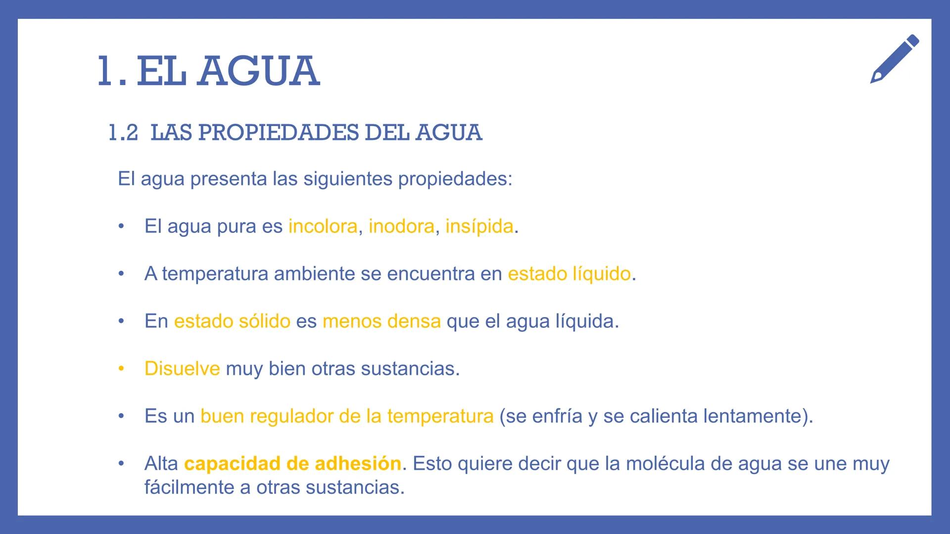 # LA
# HIDROSFERA
UNIDAD 3 "SIN AGUA, LA
VIDA EN LA
TIERRA NO
SERÍA POSIBLE" # ¿QUÉ VAMOS A ESTUDIAR?
1. EL AGUA
1.1 La molécula de a