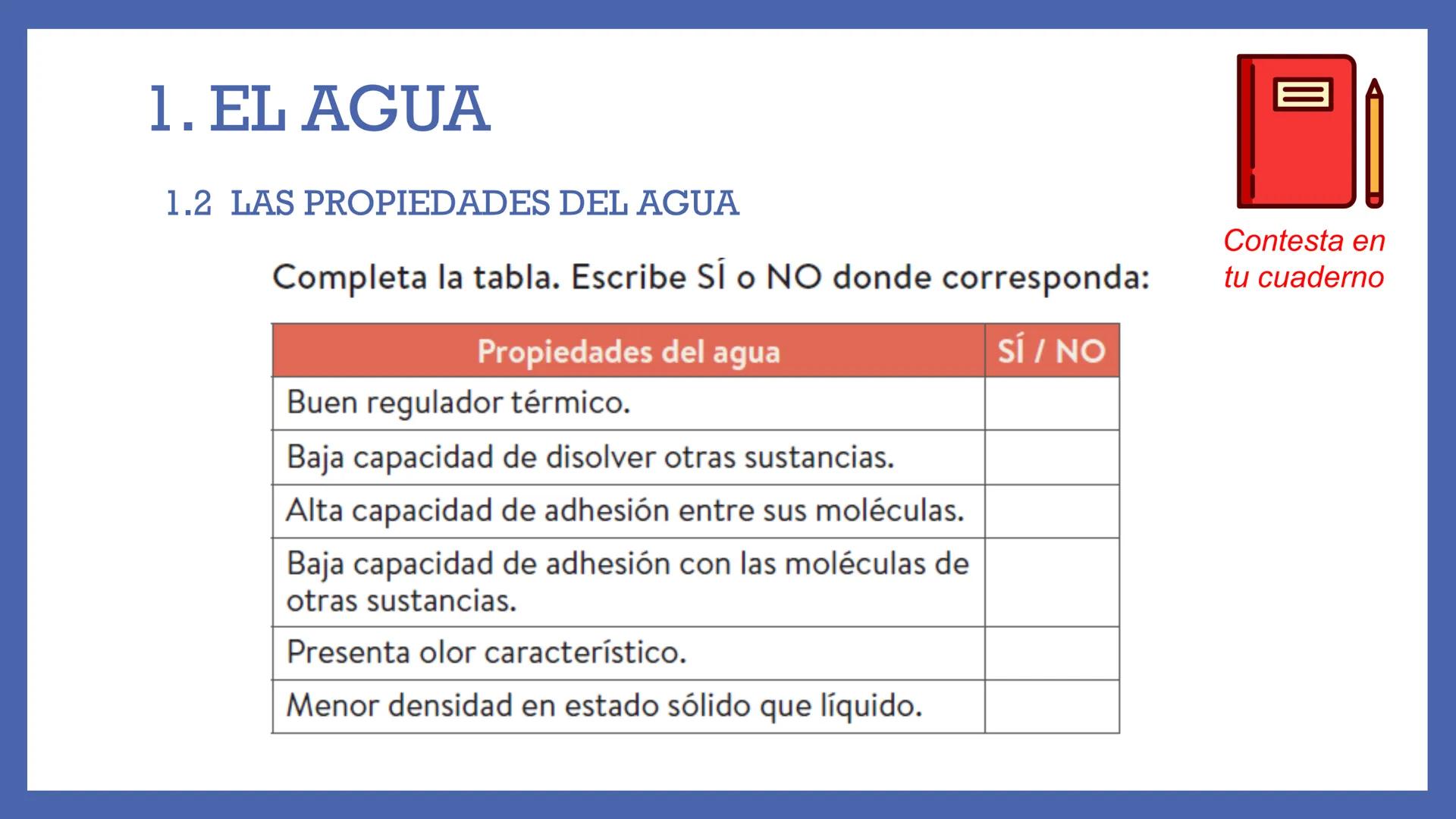 # LA
# HIDROSFERA
UNIDAD 3 "SIN AGUA, LA
VIDA EN LA
TIERRA NO
SERÍA POSIBLE" # ¿QUÉ VAMOS A ESTUDIAR?
1. EL AGUA
1.1 La molécula de a