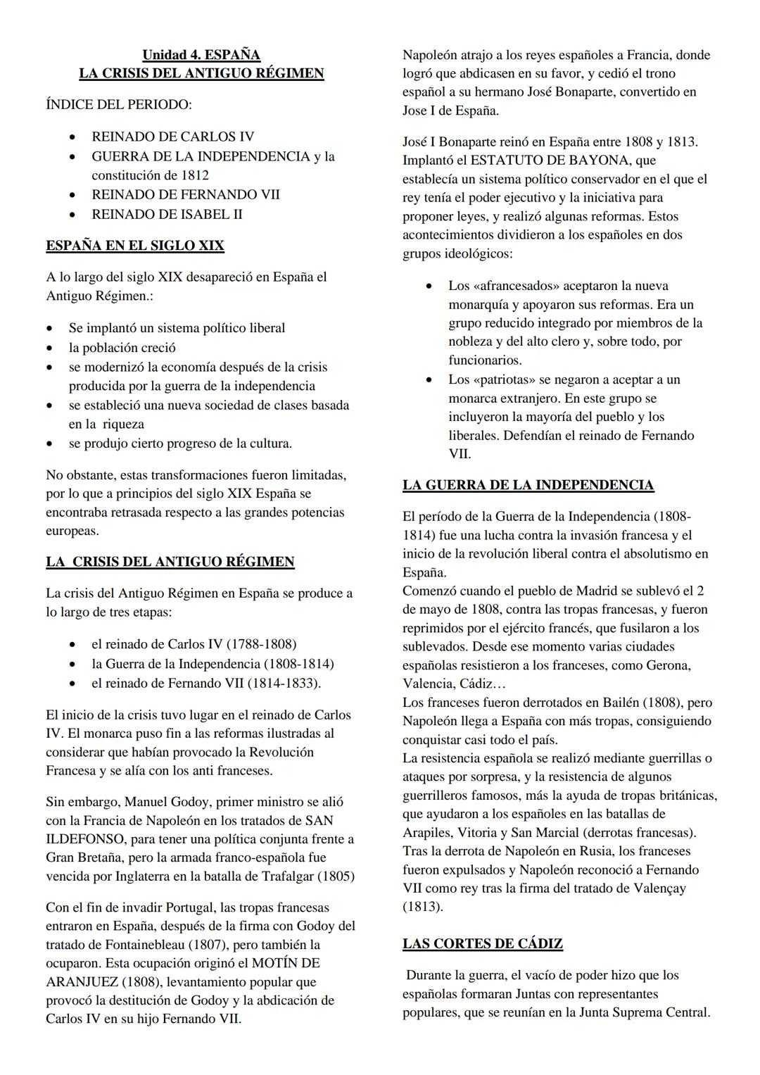 # Unidad 4. ESPAÑA
# LA CRISIS DEL ANTIGUO RÉGIMEN
ÍNDICE DEL PERIODO:
* REINADO DE CARLOS IV
* GUERRA DE LA INDEPENDENCIA y la
c