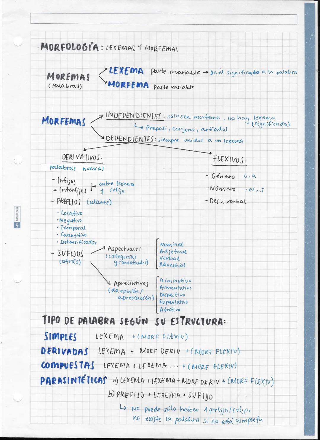 MO MIQUELRIUS
MORFOLOGIA: LEXEMAS Y MORFEMAS
MOREMAS
(Palabras)
MORFEMAS
• Locativo
-Negativo
- Temporal
• Cuantitivo
• Intensificador
"LEXE