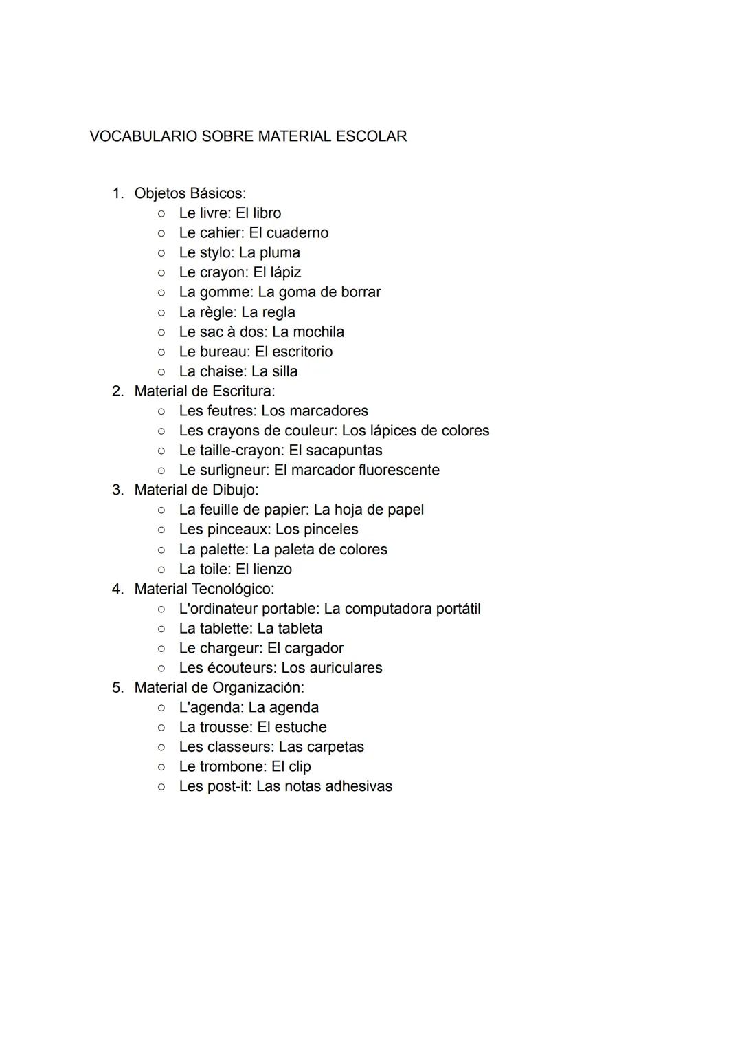 VOCABULARIO SOBRE MATERIAL ESCOLAR
1. Objetos Básicos:
* Le livre: El libro
* Le cahier: El cuaderno
* Le stylo: La pluma
* Le crayon: El l