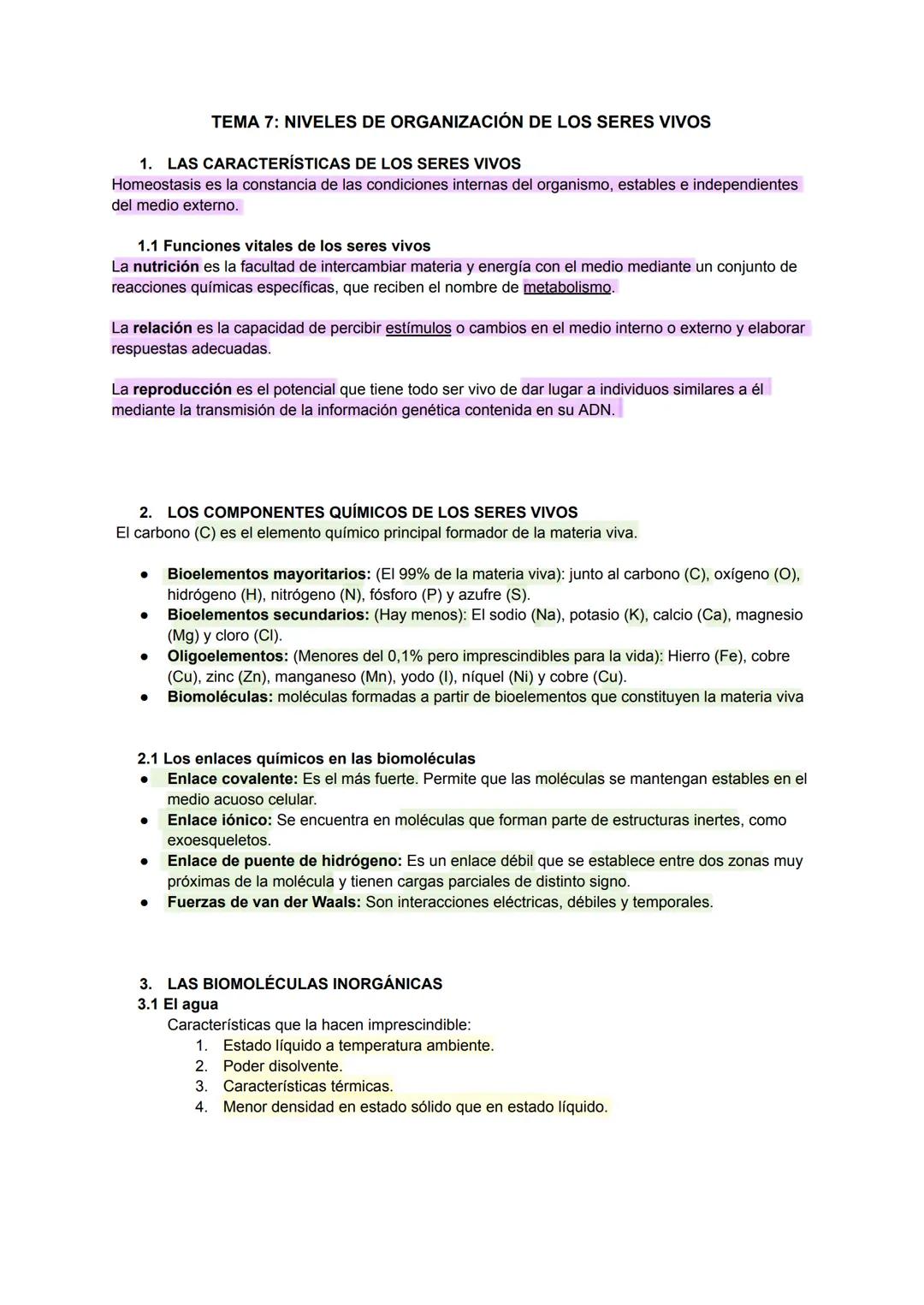 # TEMA 7: NIVELES DE ORGANIZACIÓN DE LOS SERES VIVOS
1. LAS CARACTERÍSTICAS DE LOS SERES VIVOS
Homeostasis es la constancia de las condicio