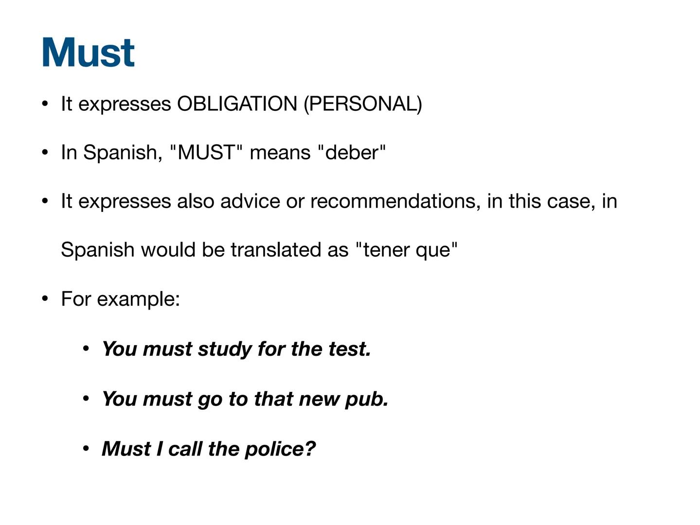 Modal Verbs
English
Juan Carlos T. Modal Verbs
They are followed by INF without "to"
They do NOT change their form (*she cans, she canned, s