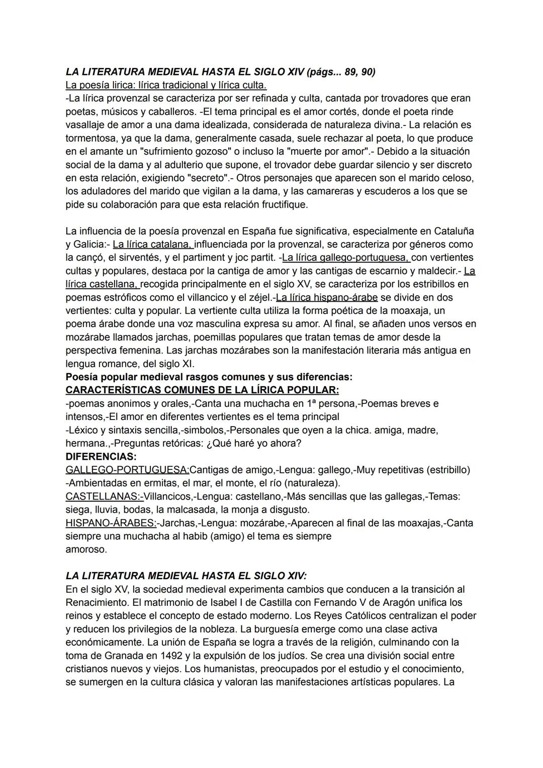 # LA LITERATURA MEDIEVAL HASTA EL SIGLO XIV (págs... 89, 90)
La poesía lirica: lírica tradicional y lírica culta.
-La lírica provenzal se ca