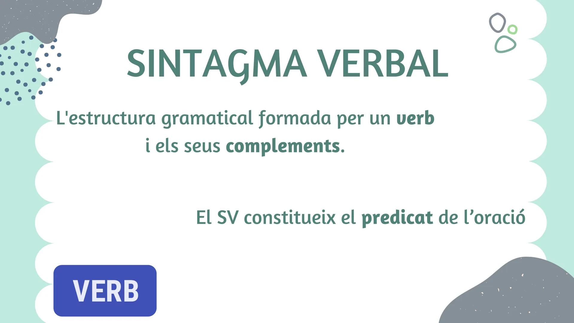 El sintagma verbal
i els
P
4
A
K
K
M
F
A
0
P
complements
del verb # SINTAGMA VERBAL
L'estructura gramatical formada per un verb
i els seus