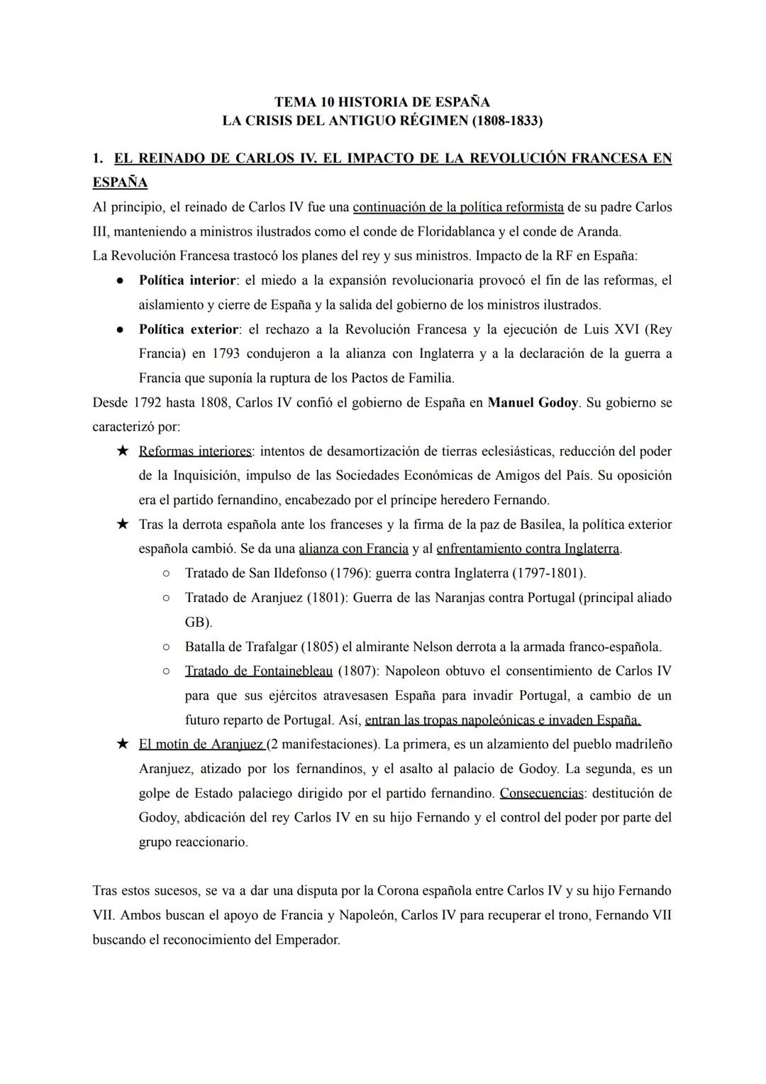 # TEMA 10 HISTORIA DE ESPAÑA
LA CRISIS DEL ANTIGUO RÉGIMEN (1808-1833)
1. EL REINADO DE CARLOS IV. EL IMPACTO DE LA REVOLUCIÓN FRANCESA EN