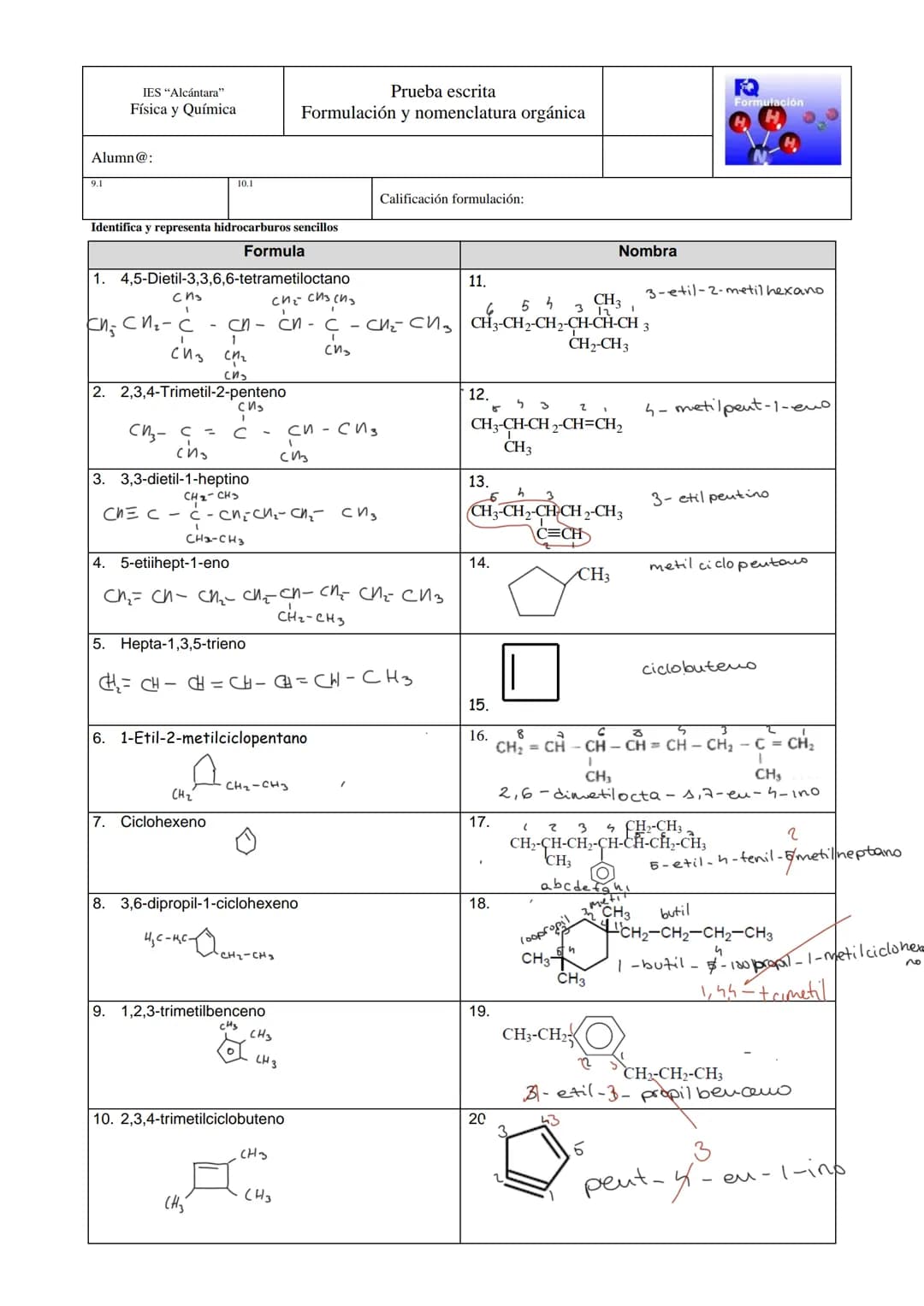 IES "Alcántara"
Física y Química
Alumn@:
10.1
Prueba escrita
Formulación y nomenclatura orgánica
Calificación formulación:
Identifica y