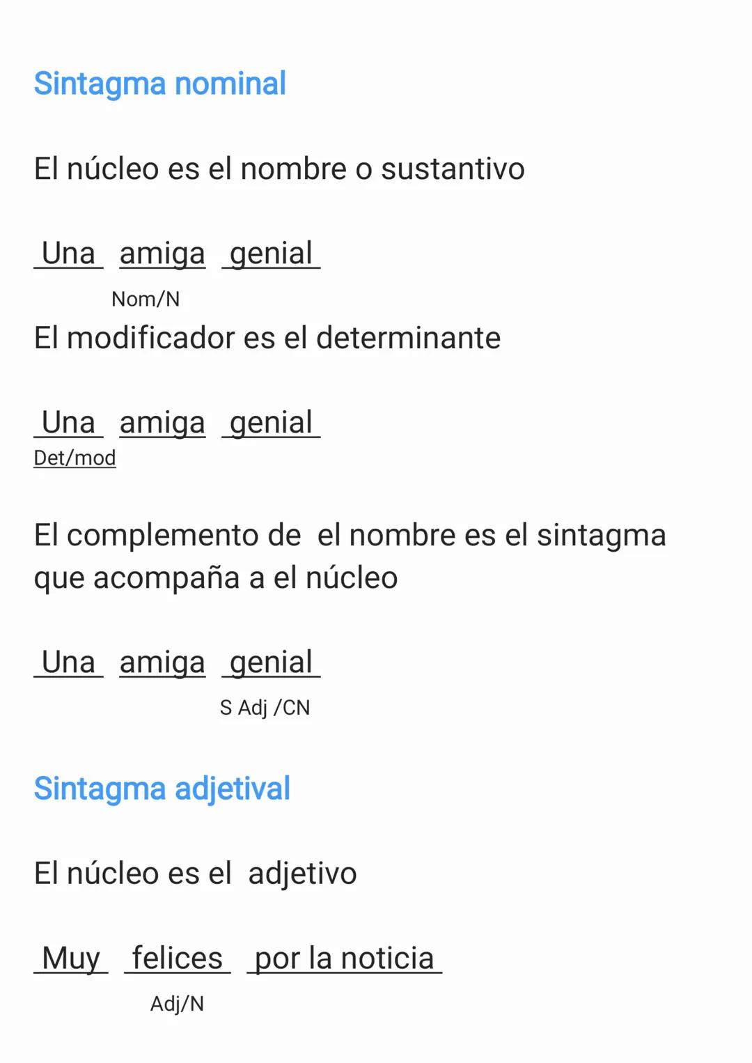 Sintagma nominal
El núcleo es el nombre o sustantivo
Una amiga genial
Nom/N
El modificador es el determinante
Una amiga genial
Det/mod