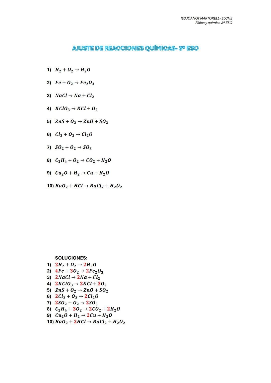 IES JOANOT MARTORELL-ELCHE
Física y química 3º ESO
AJUSTE DE REACCIONES QUÍMICAS- 3º ESO
1) H2O2 H₂O
2) Fe02 Fе203
3) NaCl Na + Cl2
4) KClO3