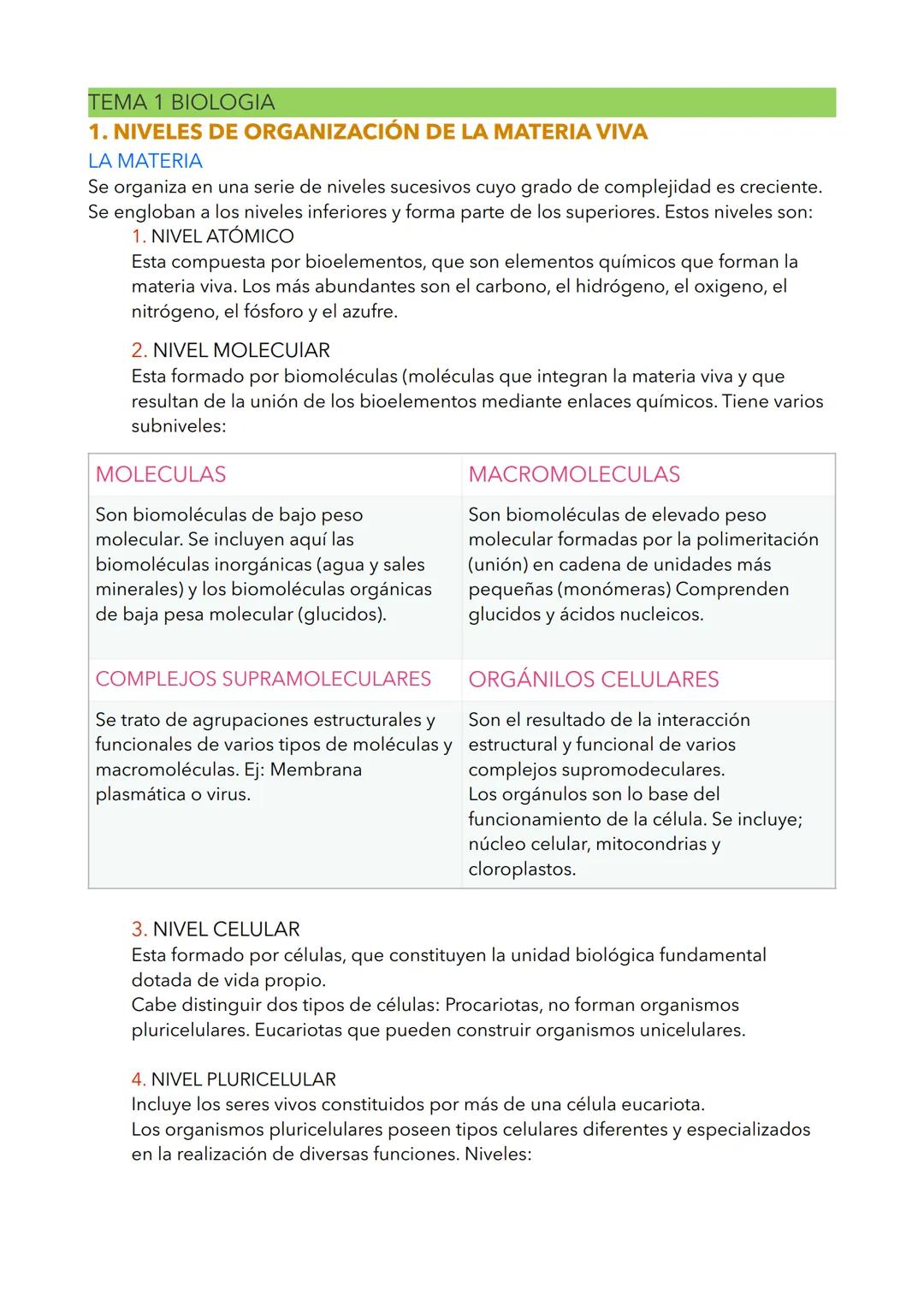 # TEMA 1 BIOLOGIA
## 1. NIVELES DE ORGANIZACIÓN DE LA MATERIA VIVA
LA MATERIA
Se organiza en una serie de niveles sucesivos cuyo grado de