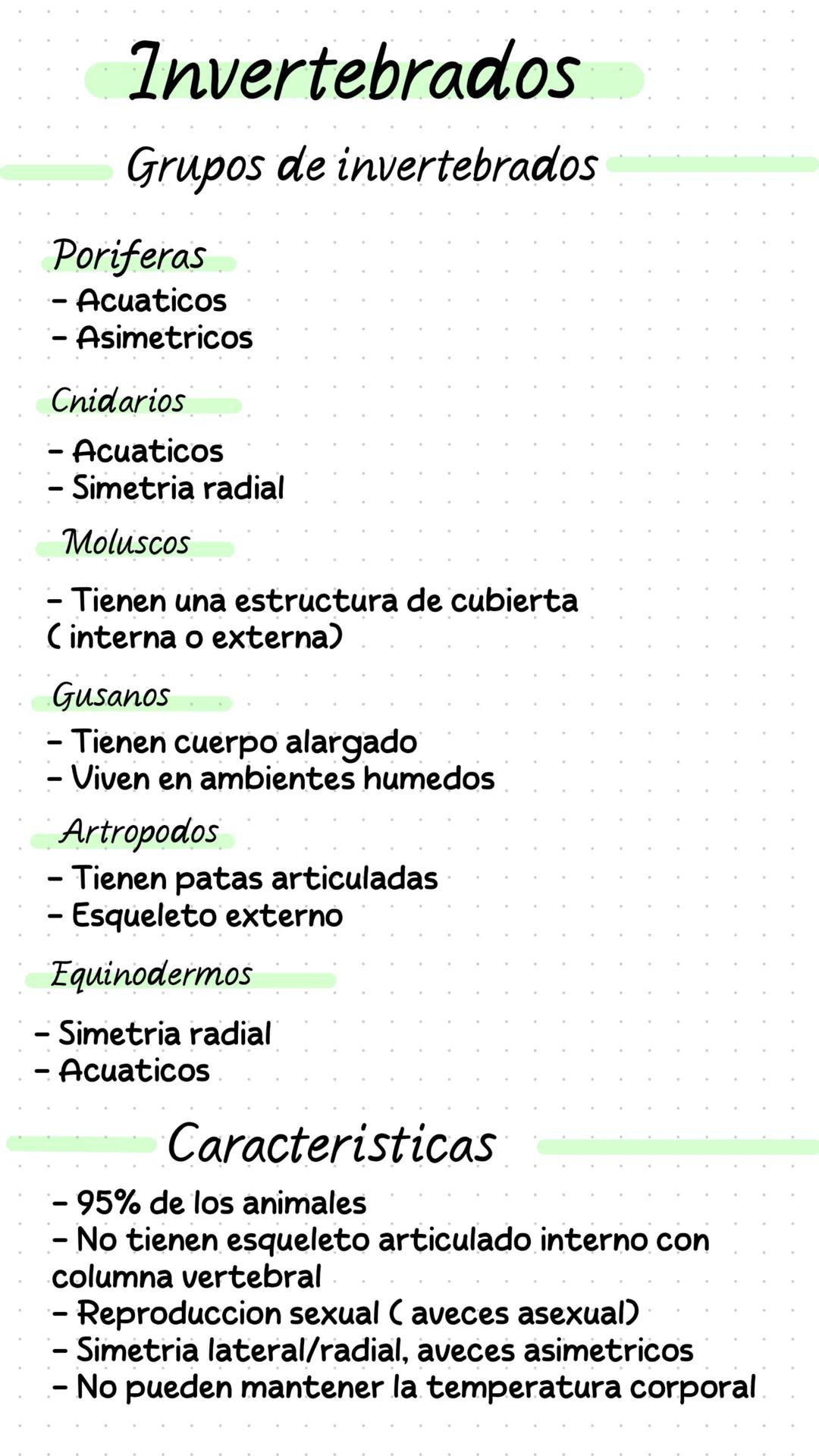 # Invertebrados
Grupos de invertebrados
Poriferas
- Acuaticos
- Asimetricos
Cnidarios
- Acuaticos
- Simetria radial
Moluscos
- Tienen un