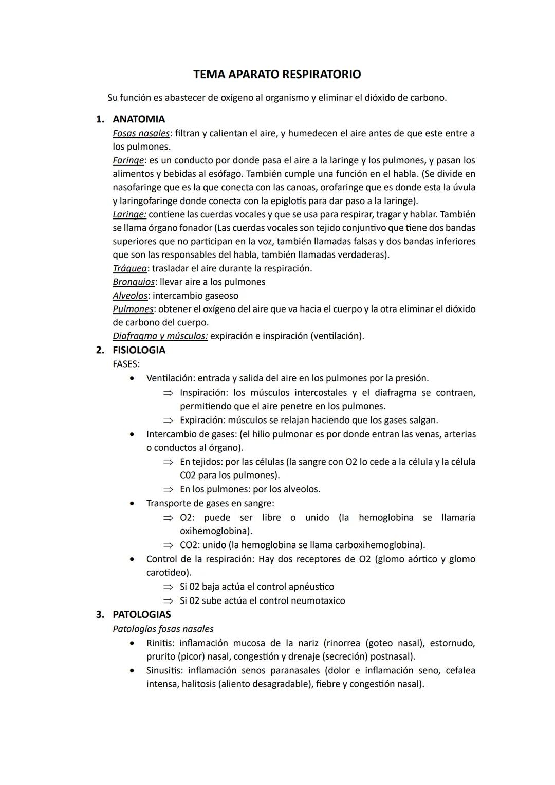 # TEMA APARATO RESPIRATORIO
Su función es abastecer de oxígeno al organismo y eliminar el dióxido de carbono.
1. ΑΝΑΤΟΜΙΑ
* Fosas nasal