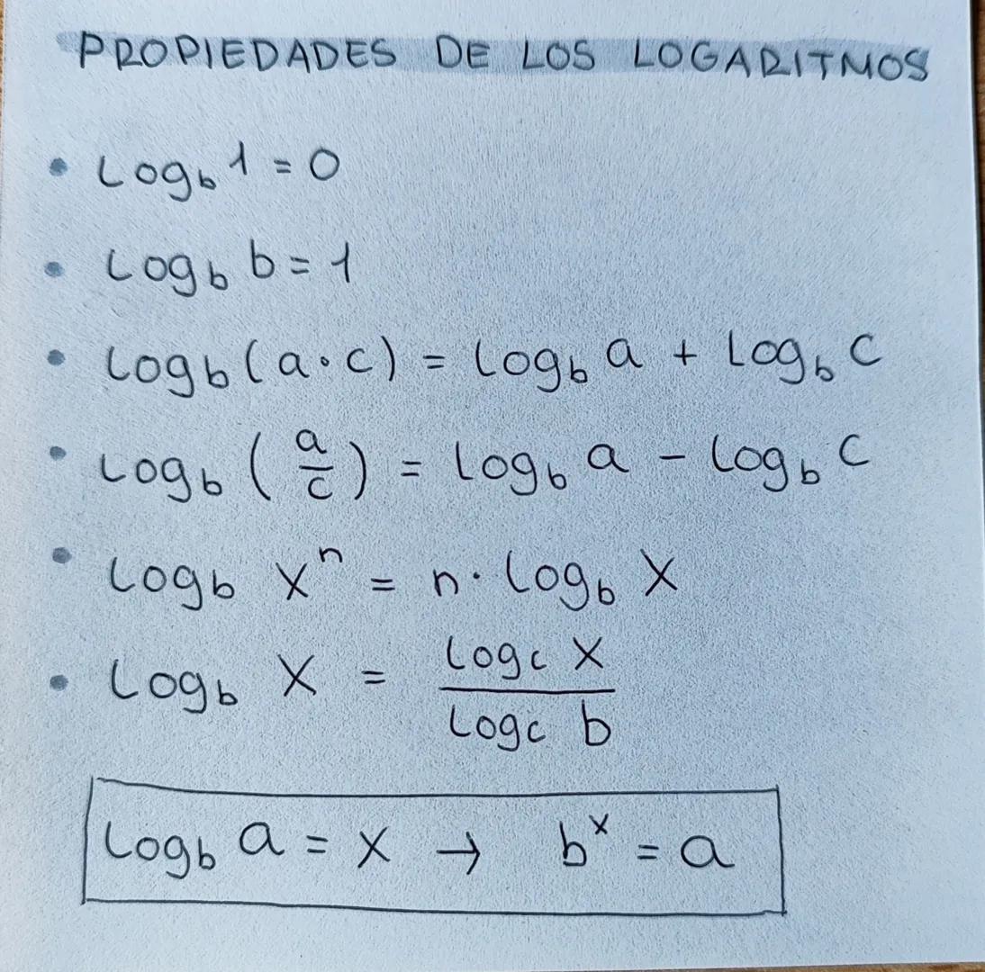 PROPIEDADES DE LOS LOGARITMOS
• Logb1 = 0
.
Logb b = 1
Logb(a c) Logba + Logb c
Log () = log a - Logb c
Logb x = n· Logo X
Содь х
Loge X
=
L