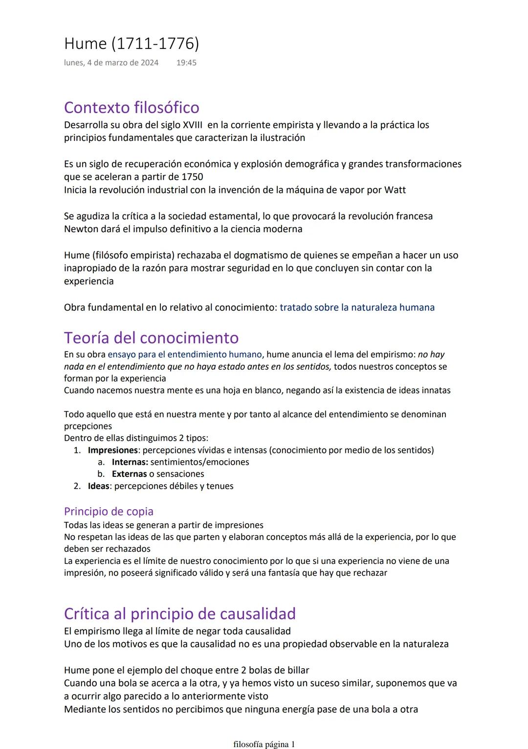 Hume (1711-1776)
lunes, 4 de marzo de 2024
19:45
Contexto filosófico
Desarrolla su obra del siglo XVIII en la corriente empirista y llevando