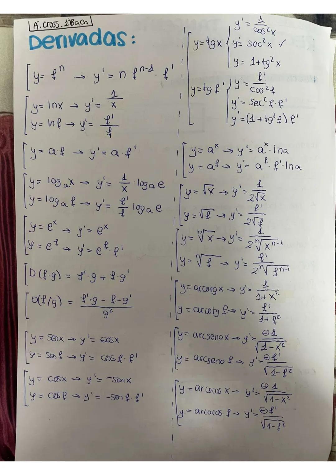 [A. Cross. I'Bach
# Derivadas:
$\begin{bmatrix}y= f^n \rightarrow y'= n f^{n-1}. f'\\y= Inx \rightarrow y'= \frac{1}{x}\\y= Inf \rightarro