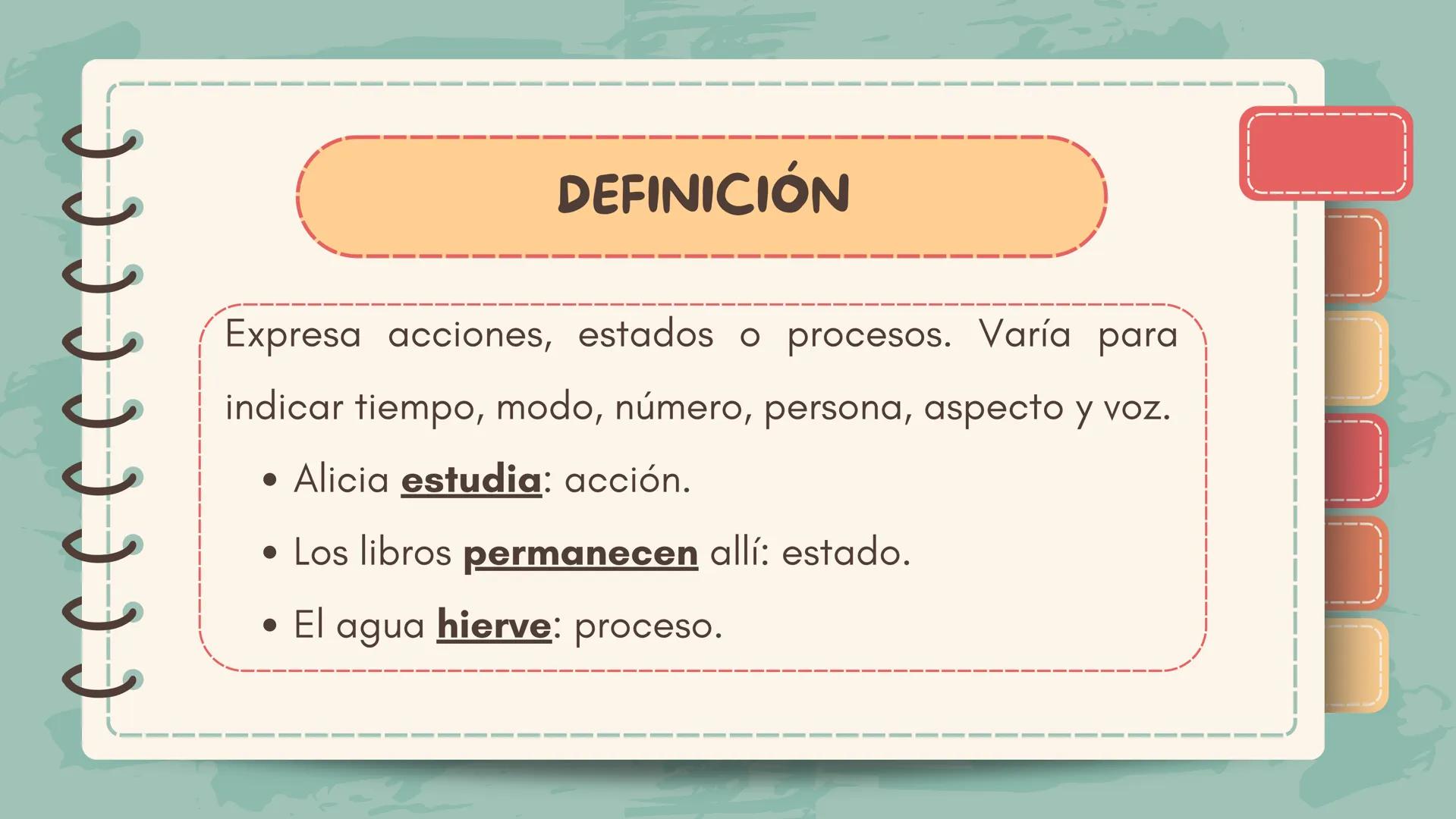 J J J J J J J J )
Lengua Castellana y Literatura
El verbo ССС
DEFINICIÓN
Expresa acciones, estados o procesos. Varía para
indicar tiempo, mo