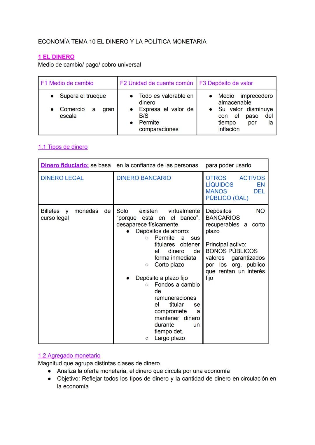 ECONOMÍA TEMA 10 EL DINERO Y LA POLÍTICA MONETARIA
1 EL DINERO
Medio de cambio/ pago/ cobro universal
F1 Medio de cambio
- Supera el tru