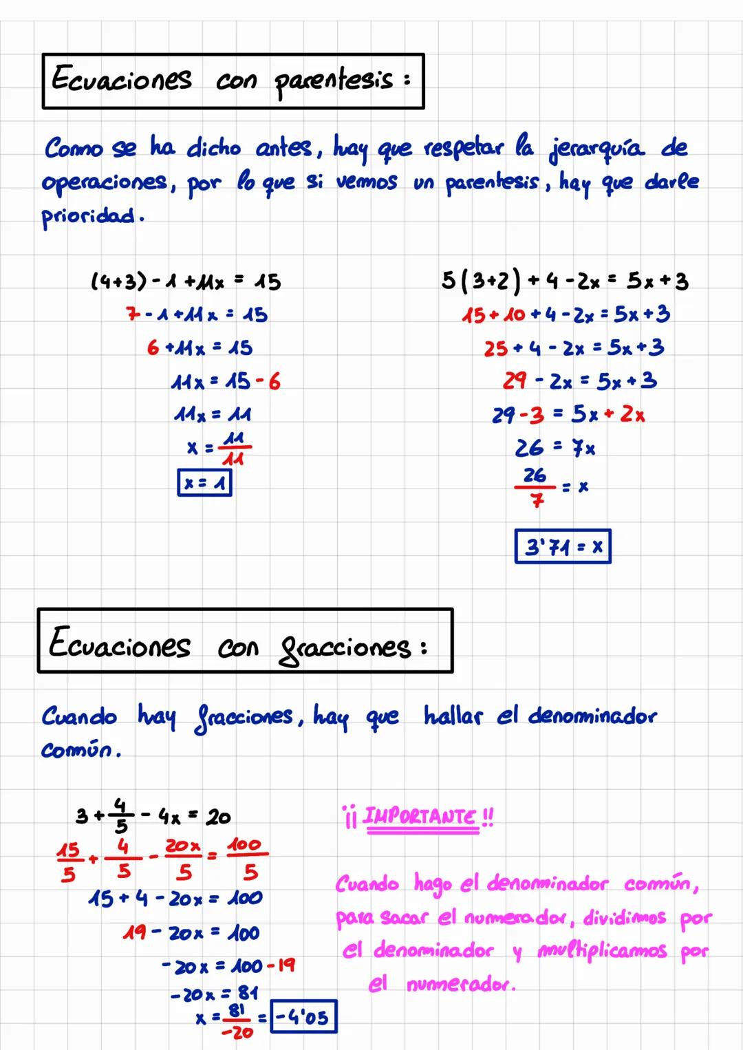 Ecuaciones:
Objetivo:
Las ecuaciones son igualdades donde el objetivo es hallar la
incognita
Hay que tener en cuenta ...
#Jerarquía de o