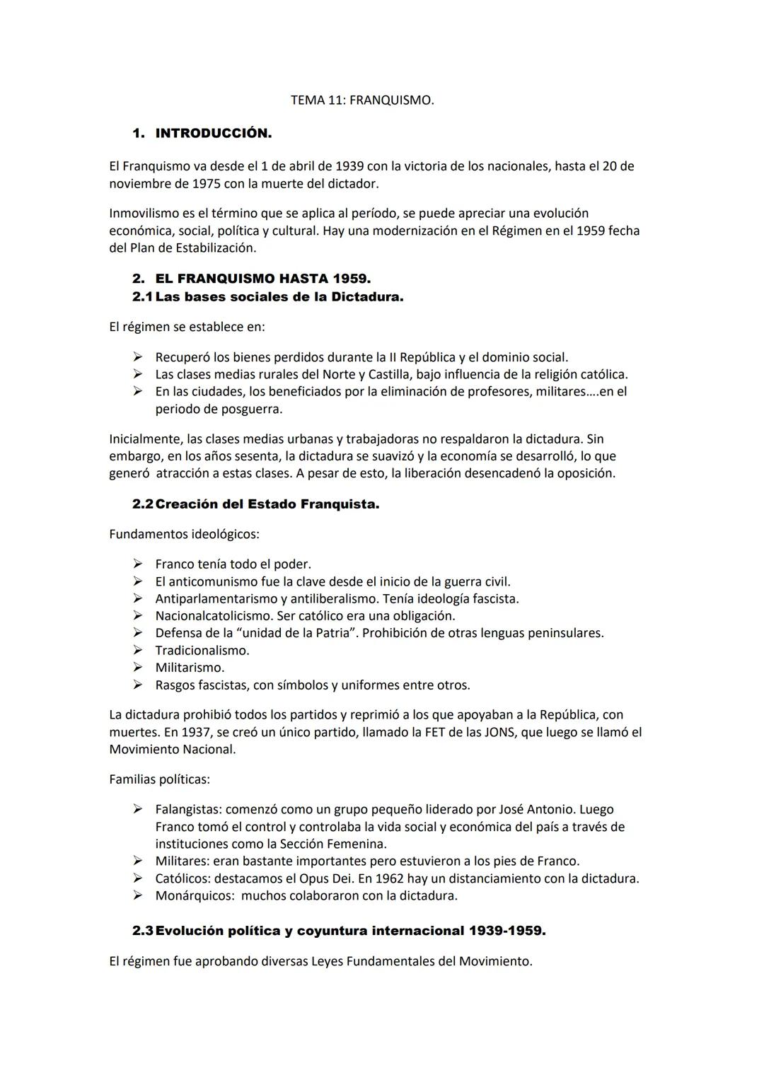1. INTRODUCCIÓN.
TEMA 11: FRANQUISMO.
El Franquismo va desde el 1 de abril de 1939 con la victoria de los nacionales, hasta el 20 de
noviemb