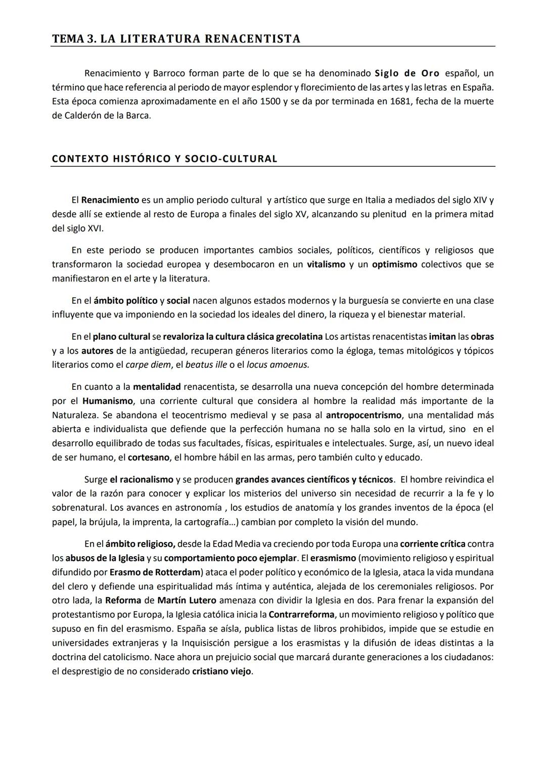 # TEMA 3. LA LITERATURA RENACENTISTA
Renacimiento y Barroco forman parte de lo que se ha denominado Siglo de Oro español, un
término que ha