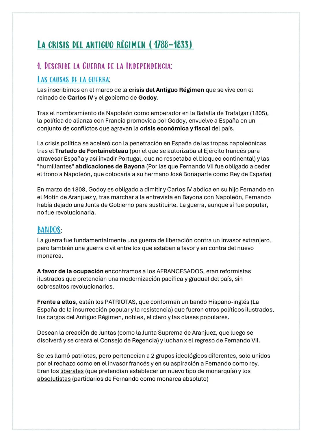 # LA CRISIS DEL ANTIGUO RÉGIMEN (1788-1833)
1. DESCRIBE LA GUERRA DE LA INDEPENDENCIA:
## LAS CAUSAS DE LA GUERRA:
Las inscribimos en el