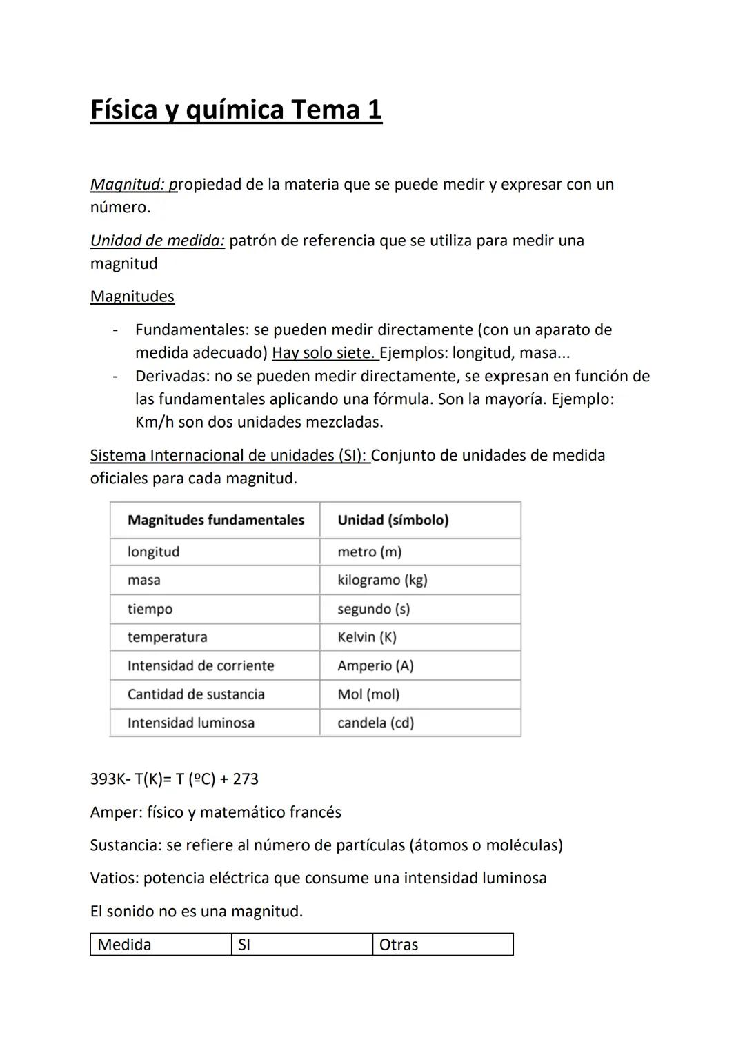 Física y química Tema 1
Magnitud: propiedad de la materia que se puede medir y expresar con un
número.
Unidad de medida: patrón de referenci