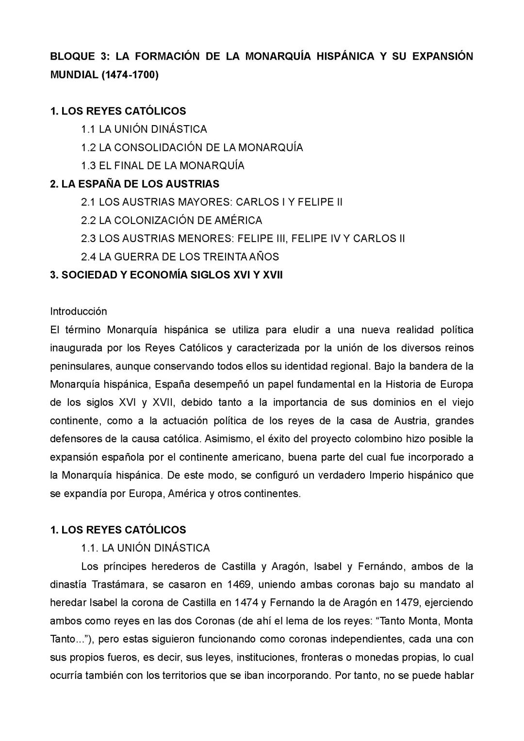 BLOQUE 3: LA FORMACIÓN DE LA MONARQUÍA HISPÁNICA Y SU EXPANSIÓN MUNDIAL (1474-1700)