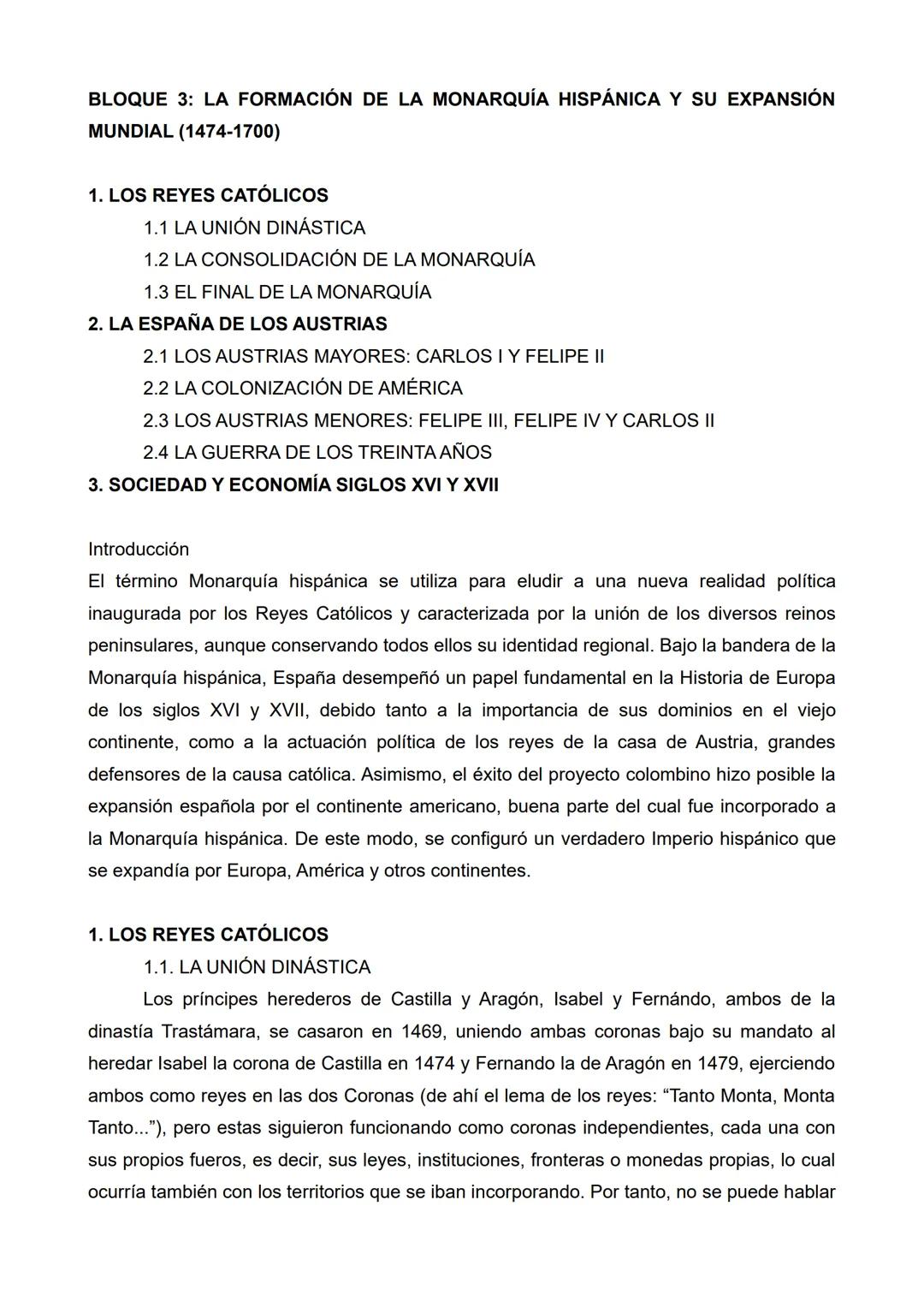 BLOQUE 3: LA FORMACIÓN DE LA MONARQUÍA HISPÁNICA Y SU EXPANSIÓN
MUNDIAL (1474-1700)
1. LOS REYES CATÓLICOS
1.1 LA UNIÓN DINÁSTICA
1.2 LA CON