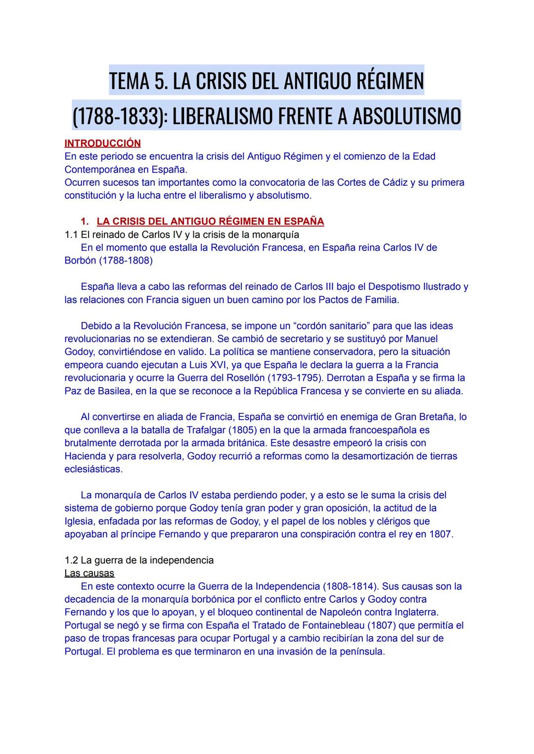 # TEMA 5. LA CRISIS DEL ANTIGUO RÉGIMEN
# (1788-1833): LIBERALISMO FRENTE A ABSOLUTISMO
## INTRODUCCIÓN
En este periodo se encuentra la c