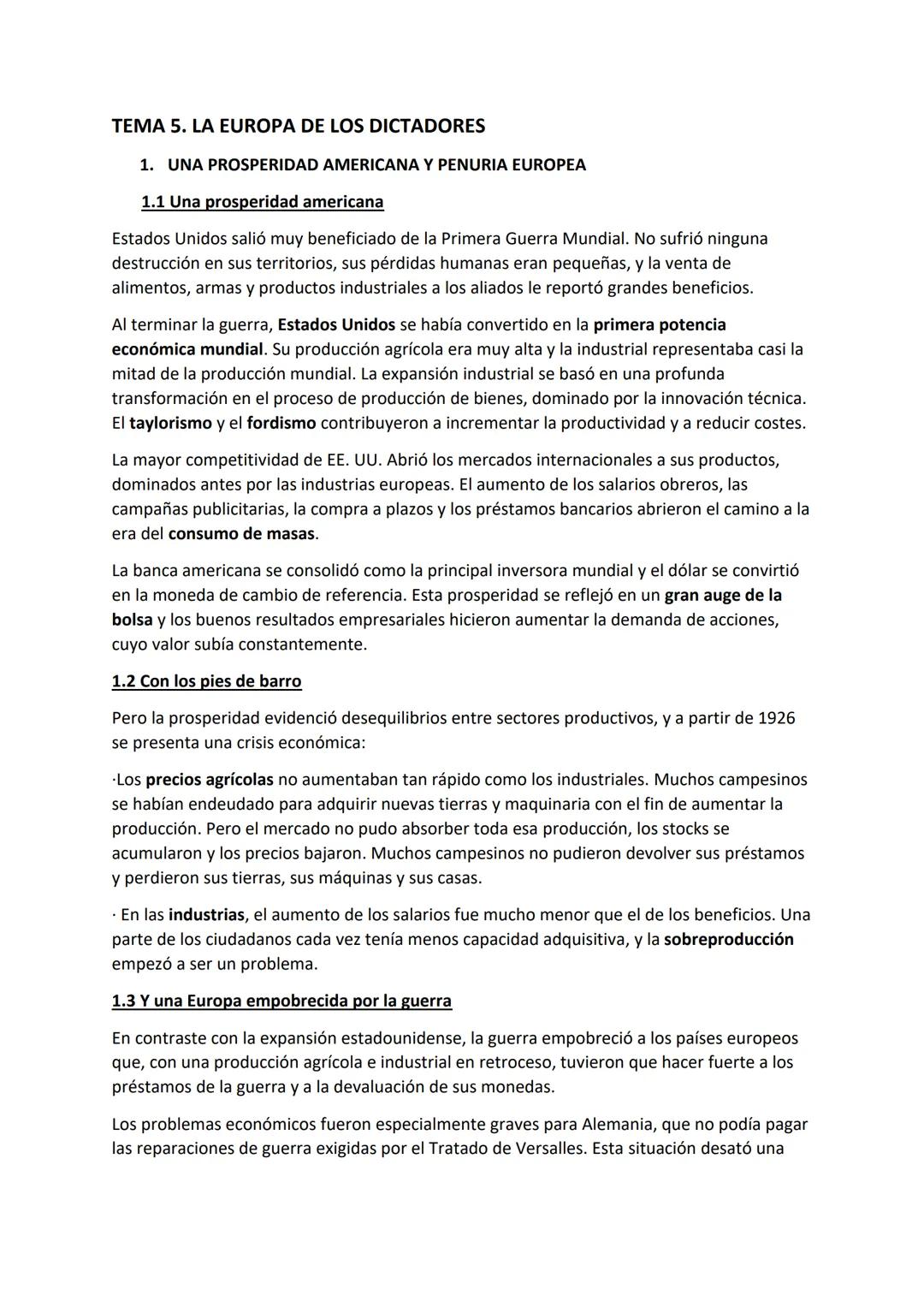 TEMA 5. LA EUROPA DE LOS DICTADORES
1. UNA PROSPERIDAD AMERICANA Y PENURIA EUROPEA
1.1 Una prosperidad americana
Estados Unidos salió muy be