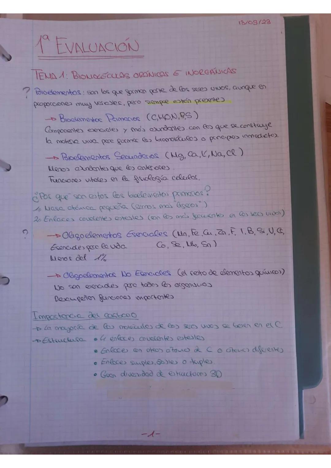13/09/23
1º EVALUACIÓN
ΤΕΜΑ 1: ΒΙΟΜΟΣÉCULAS ORÓNICAS & INORGÁNICAS
? Bioelementos: son los que gormen porte de los seres vivos, aunque en