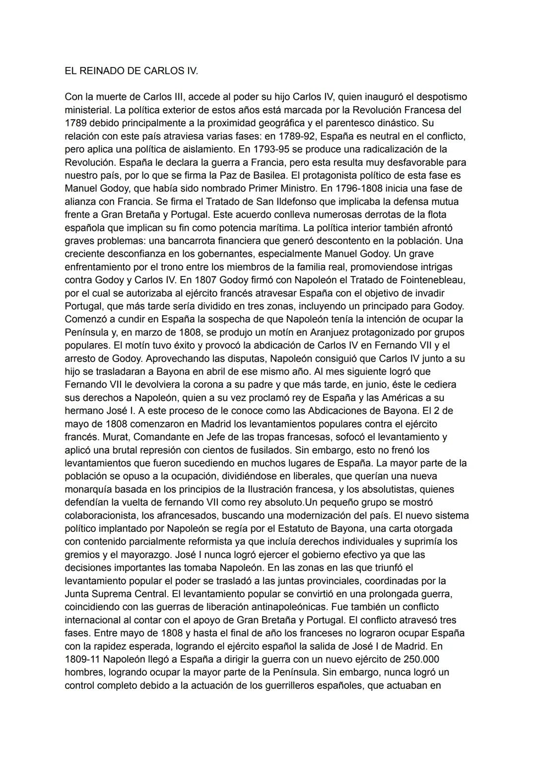EL REINADO DE CARLOS IV.
Con la muerte de Carlos III, accede al poder su hijo Carlos IV, quien inauguró el despotismo
ministerial. La políti