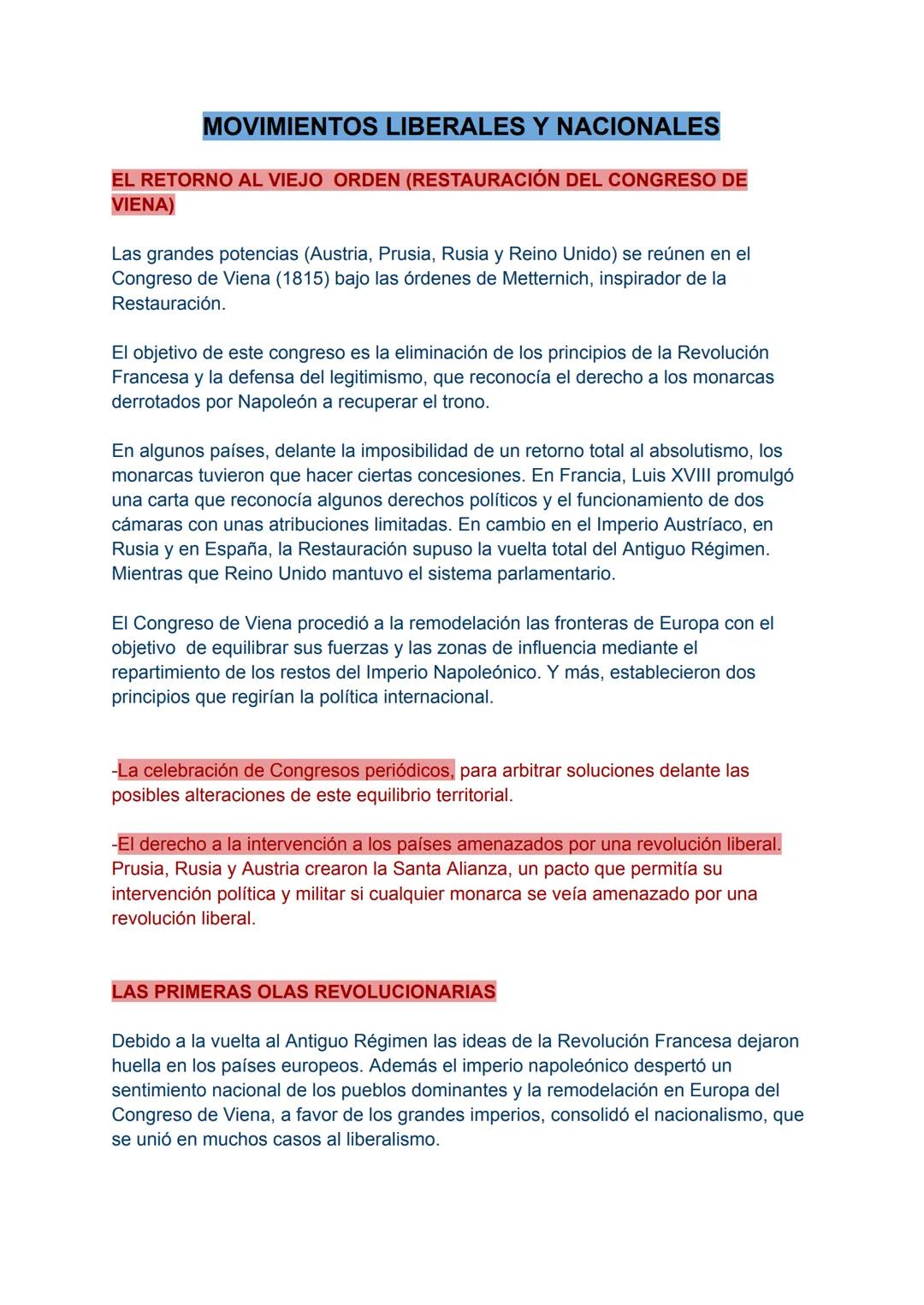 # MOVIMIENTOS LIBERALES Y NACIONALES
EL RETORNO AL VIEJO ORDEN (RESTAURACIÓN DEL CONGRESO DE
VIENA)
Las grandes potencias (Austria, Prusia