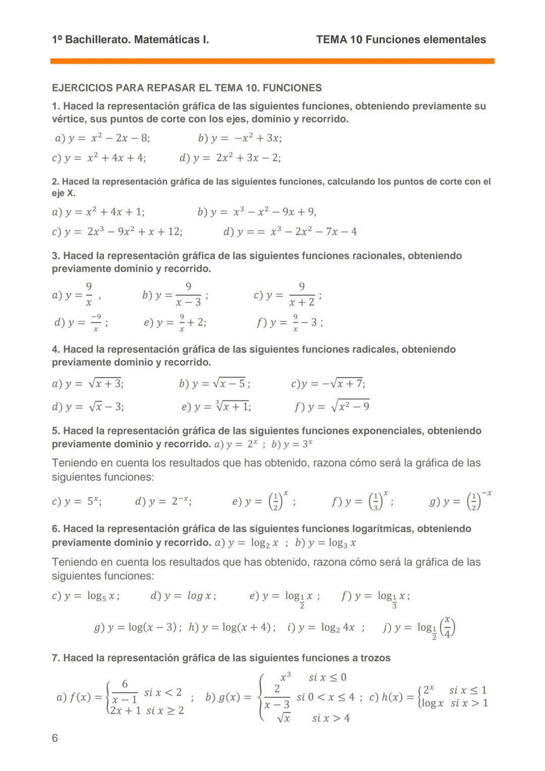 1º Bachillerato. Matemáticas I.
TEMA 10 Funciones elementales.
TEMA 10. Funciones elementales.
10.1.- LAS FUNCIONES Y SU ESTUDIO.
• Concepto
