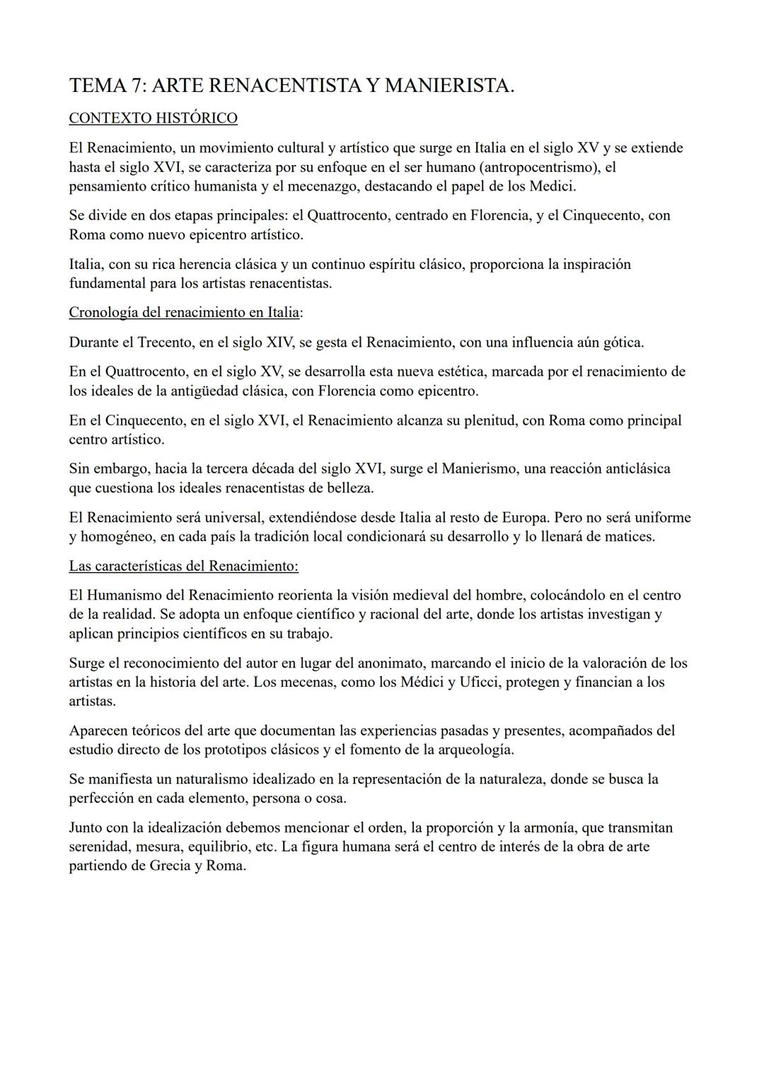 # TEMA 7: ARTE RENACENTISTA Y MANIERISTA.
CONTEXTO HISTÓRICO
El Renacimiento, un movimiento cultural y artístico que surge en Italia en el