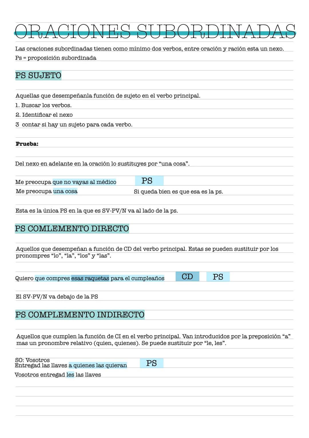 ORACIONES SUBORDINADAS
Las oraciones subordinadas tienen como mínimo dos verbos, entre oración y ración esta un nexo.
Ps proposición subordi