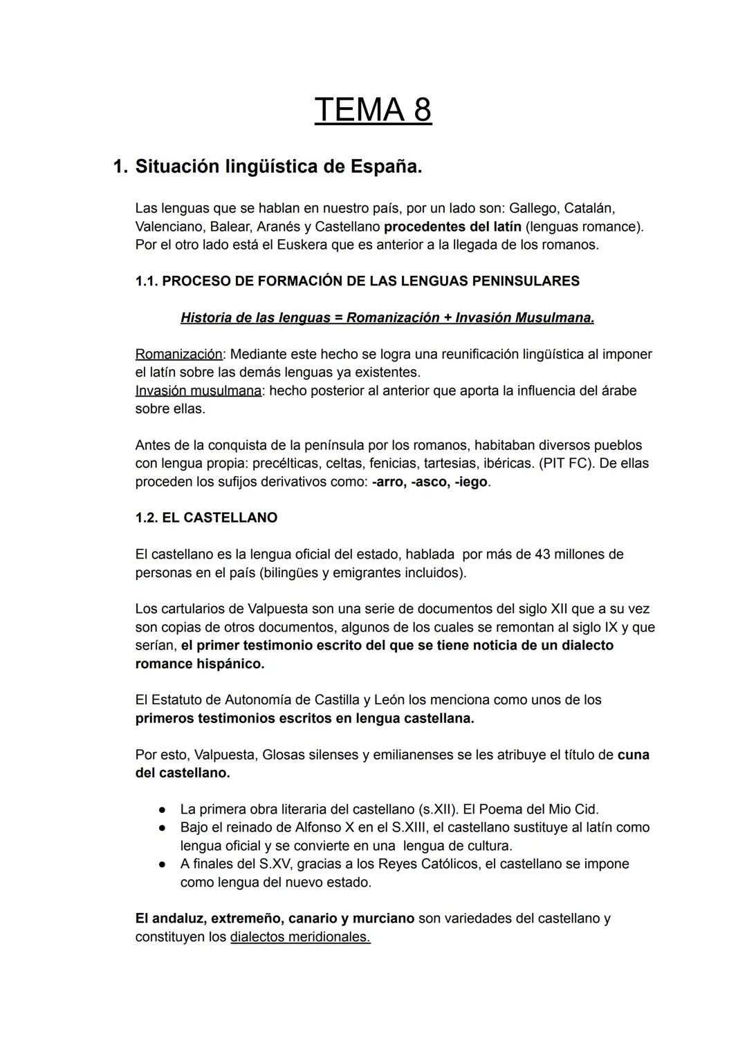 TEMA 8
1. Situación lingüística de España.
Las lenguas que se hablan en nuestro país, por un lado son: Gallego, Catalán,
Valenciano, Balear,