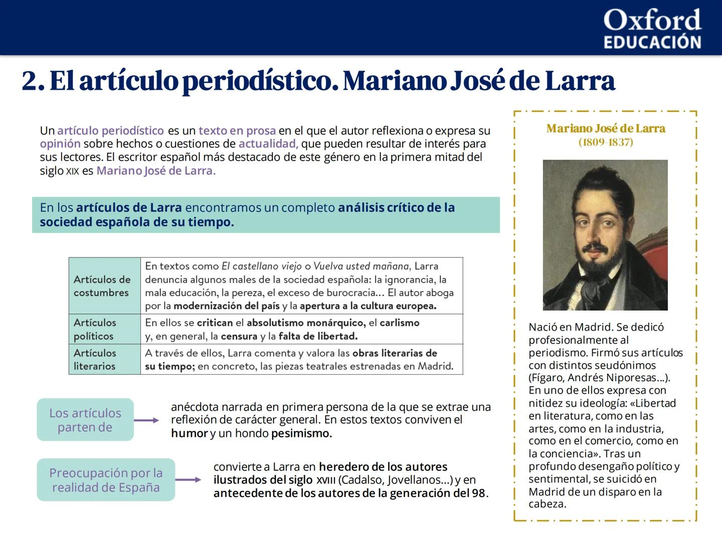 Oxford
EDUCACIÓN
UNIDAD 3. El Romanticismo (II)
1 La narrativa romántica
2 El artículo periodístico. Mariano José de Larra
3 El teatro ro